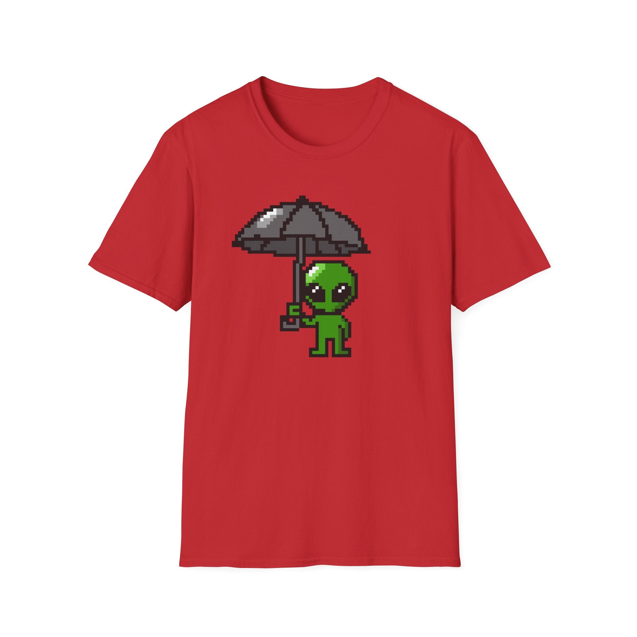 Alien Pixel Art T‑Shirt — Cute Green Alien Holding Umbrella Retro Graphic Tee