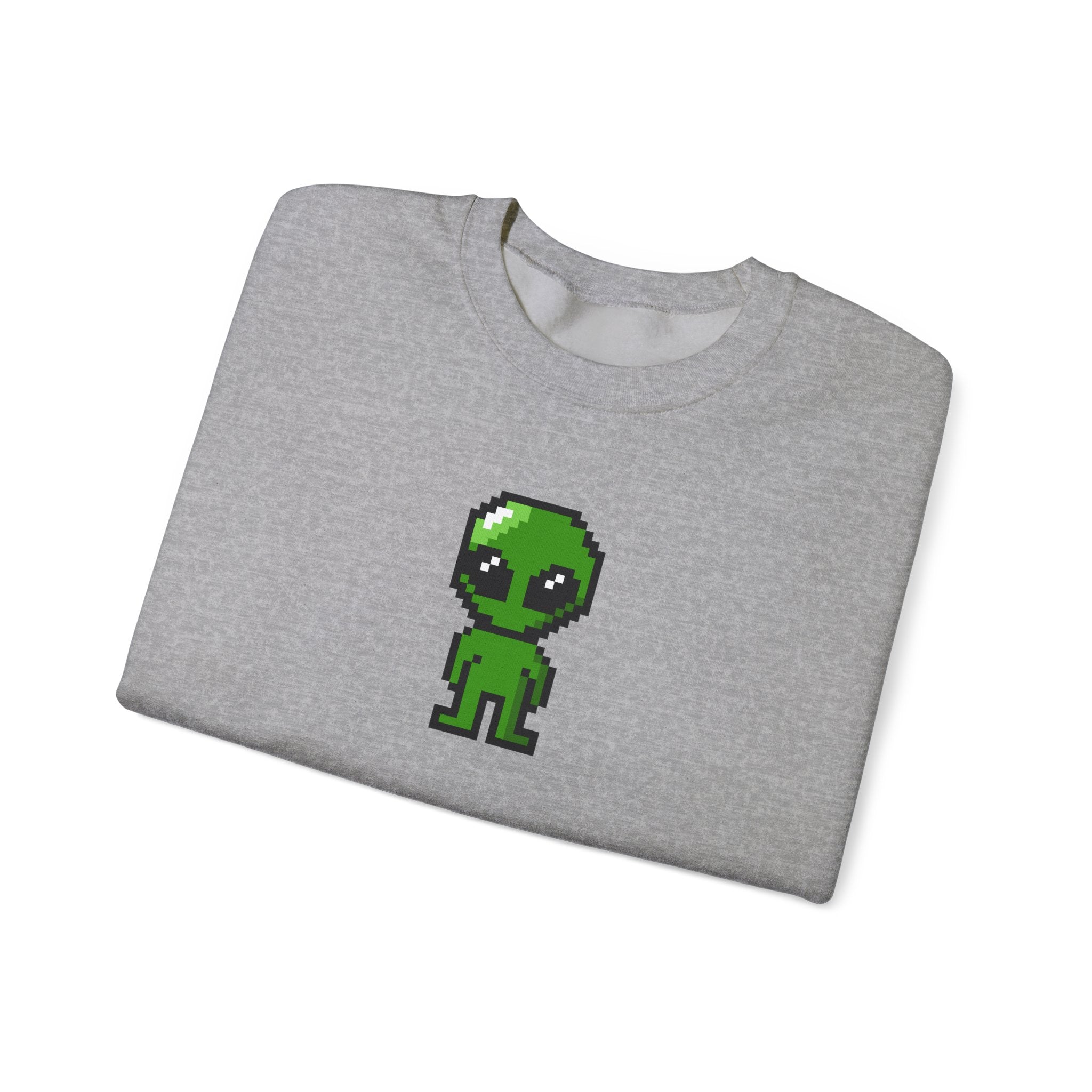 Pixel Alien Crewneck Sweatshirt — Cute Retro 8-Bit Green Alien Graphic