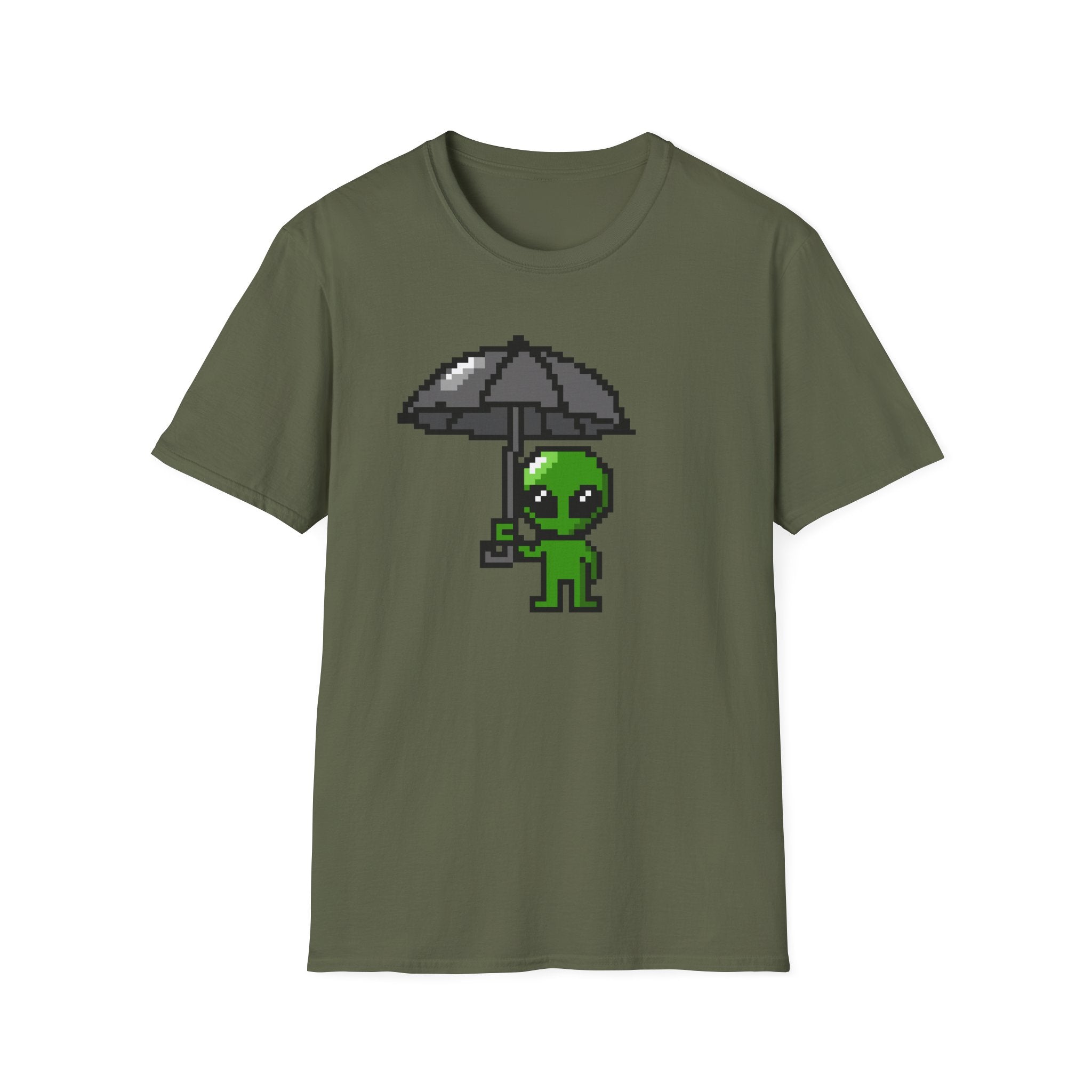Alien Pixel Art T‑Shirt — Cute Green Alien Holding Umbrella Retro Graphic Tee