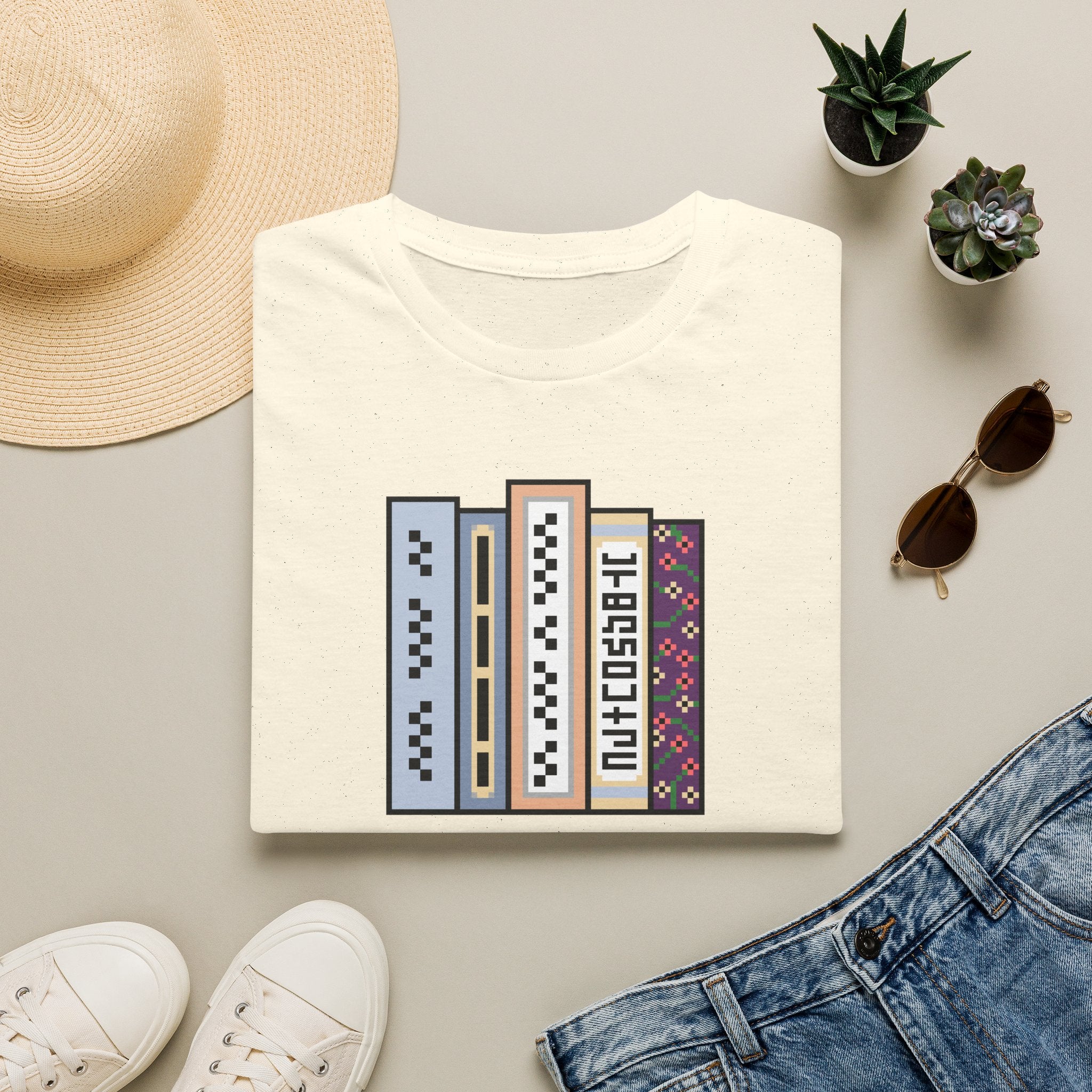 Vintage Bookshelf Tee — Retro Pixel Book Stack Graphic Shirt