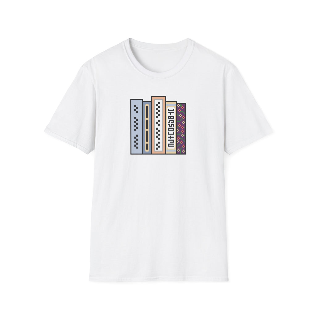 Vintage Bookshelf Tee — Retro Pixel Book Stack Graphic Shirt
