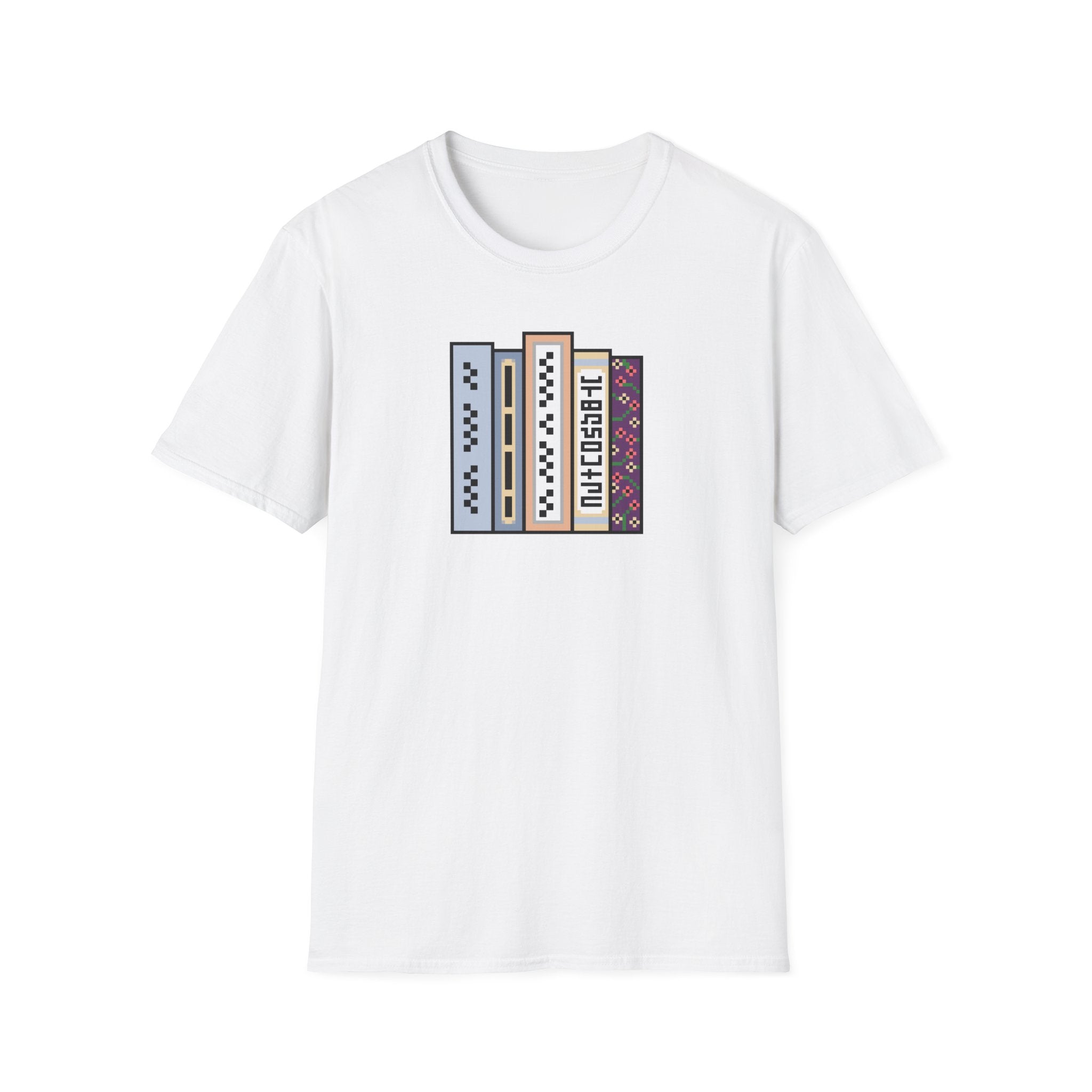 Vintage Bookshelf Tee — Retro Pixel Book Stack Graphic Shirt