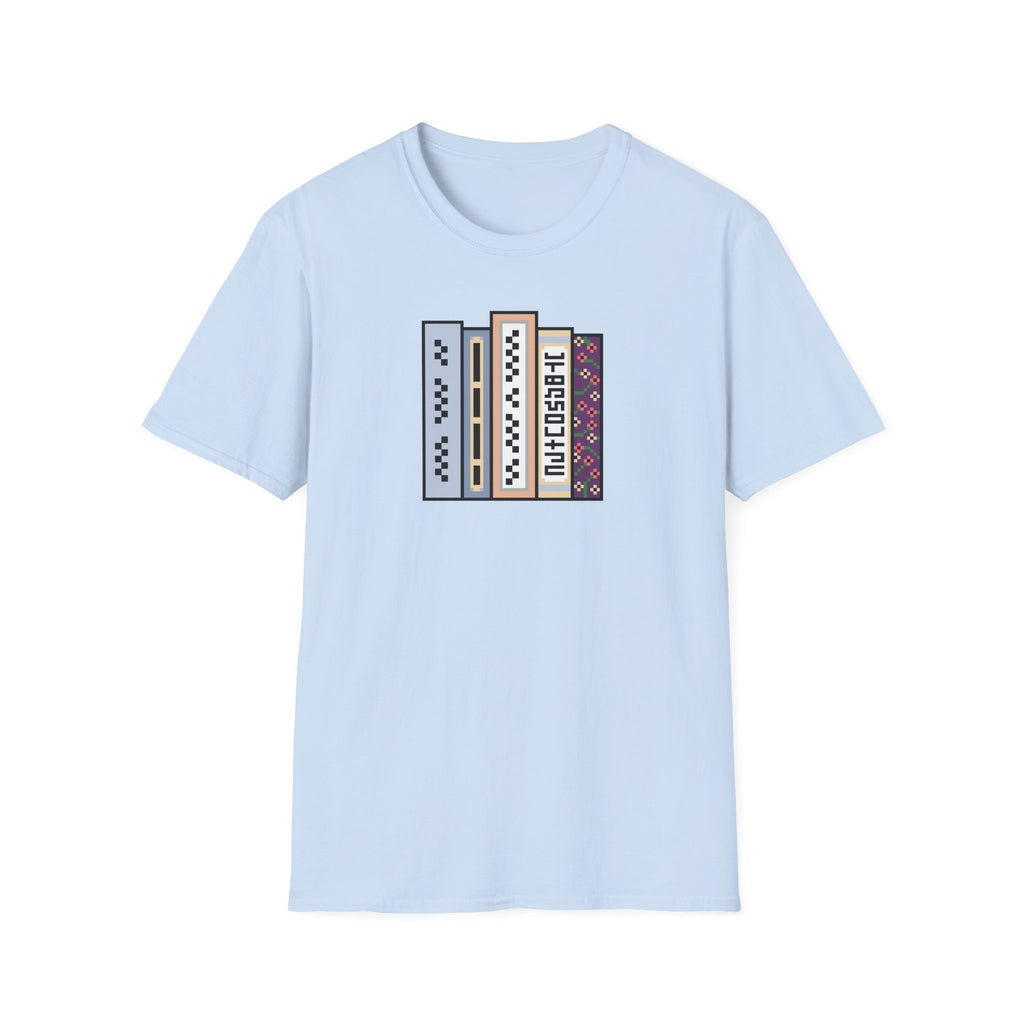 Vintage Bookshelf Tee — Retro Pixel Book Stack Graphic Shirt