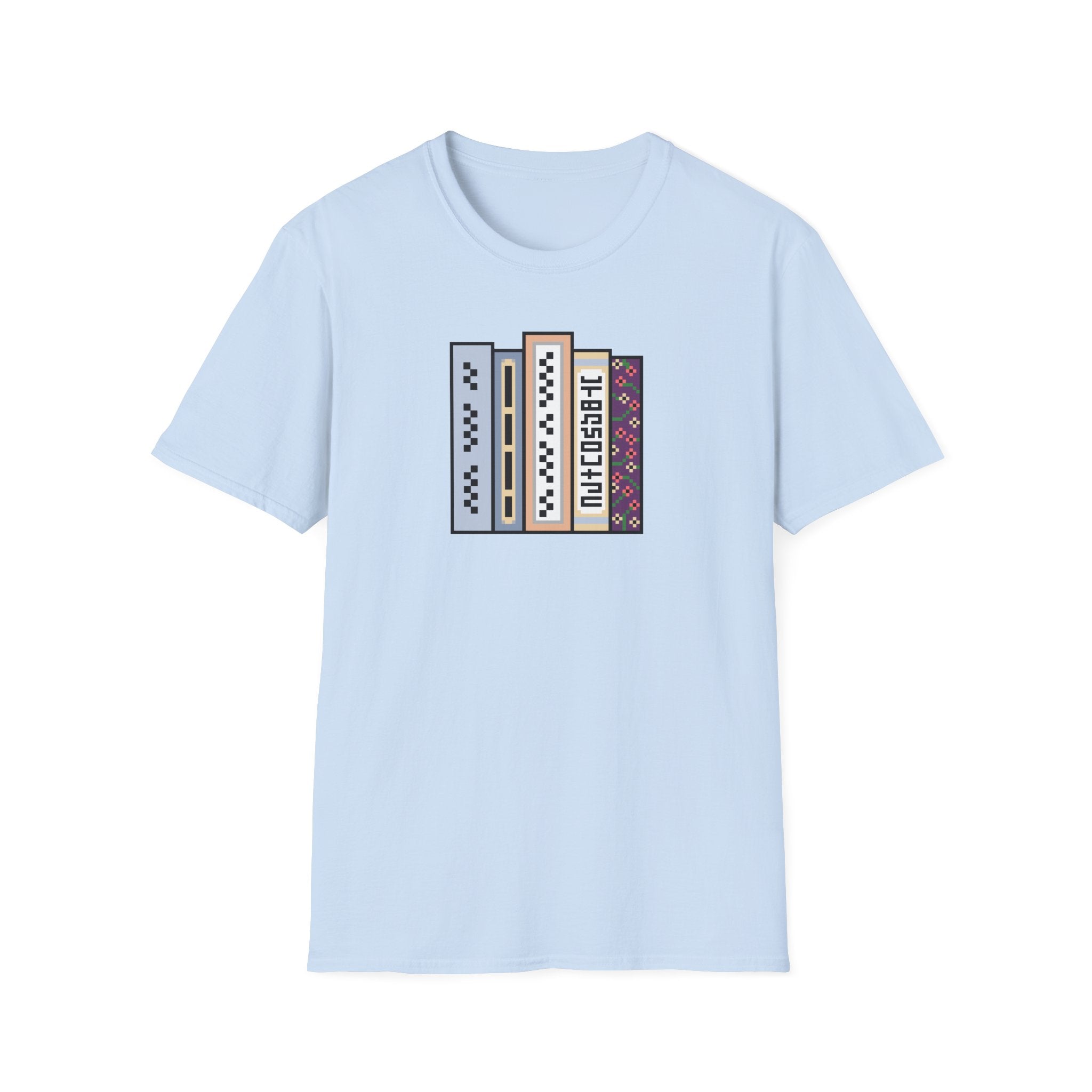 Vintage Bookshelf Tee — Retro Pixel Book Stack Graphic Shirt