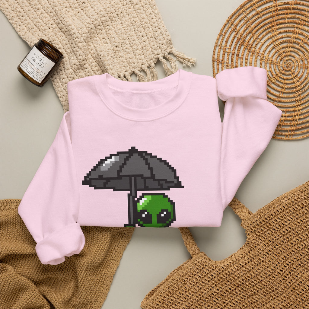 Pixel Alien Umbrella Sweatshirt — Cute Retro Gamer Crewneck