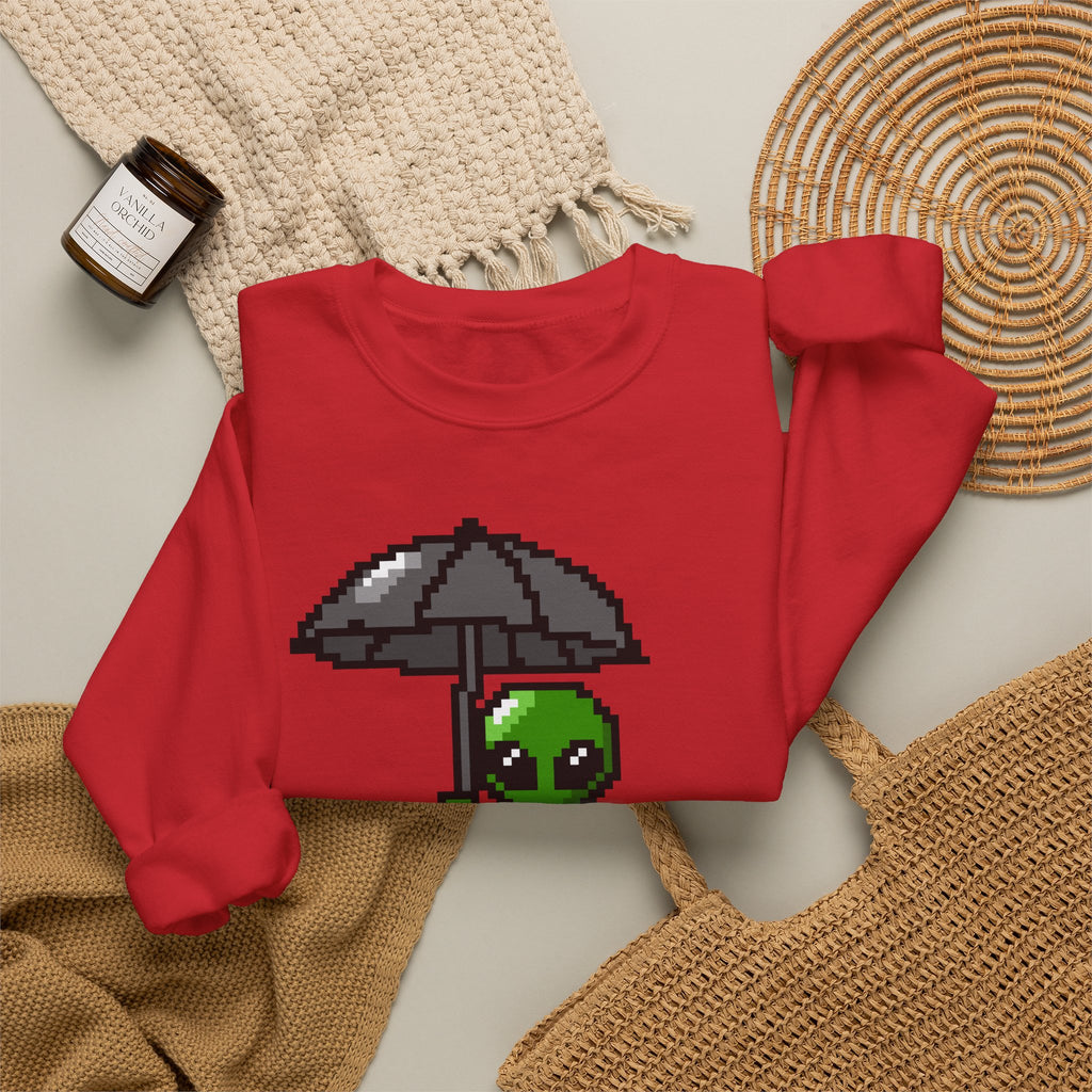 Pixel Alien Umbrella Sweatshirt — Cute Retro Gamer Crewneck