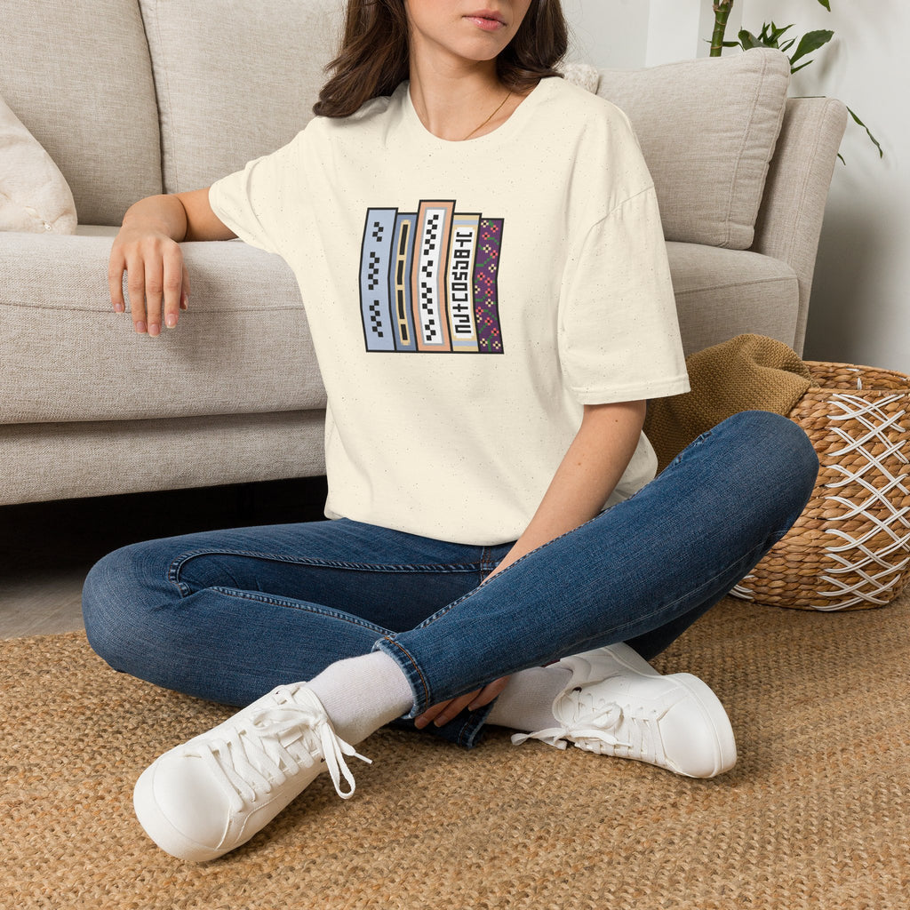 Vintage Bookshelf Tee — Retro Pixel Book Stack Graphic Shirt