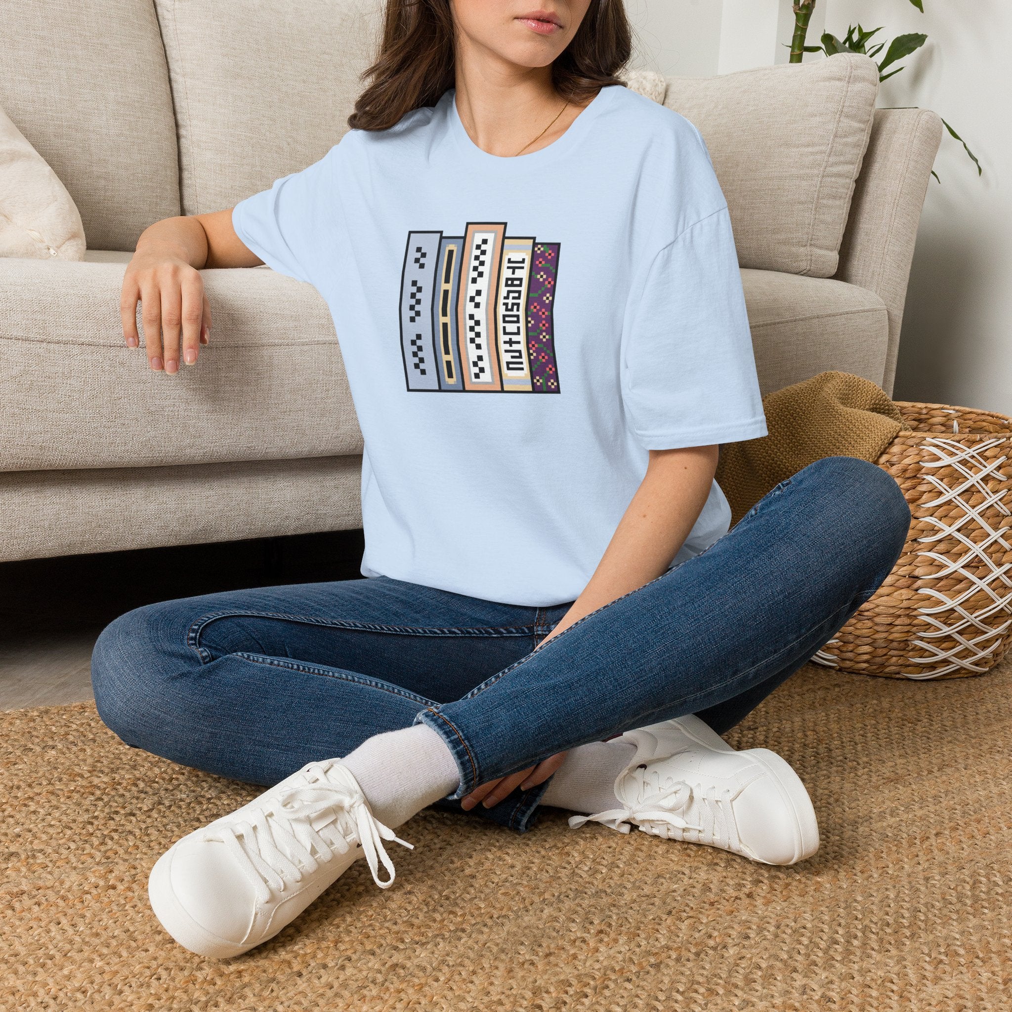 Vintage Bookshelf Tee — Retro Pixel Book Stack Graphic Shirt