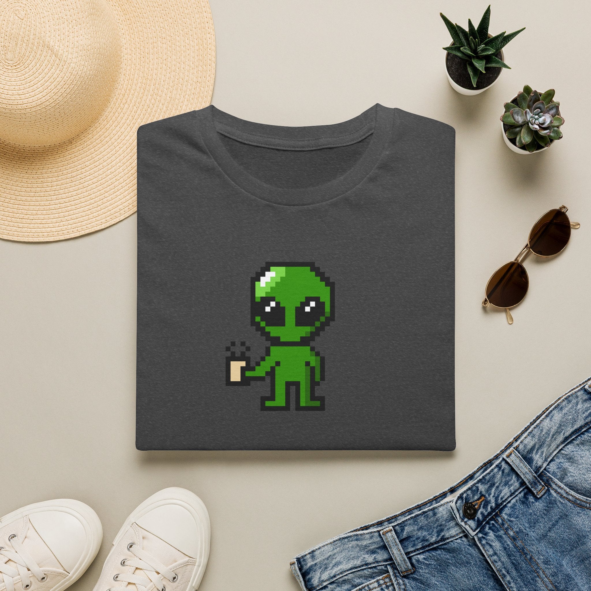 Pixel Alien Holding Coffee T-Shirt
