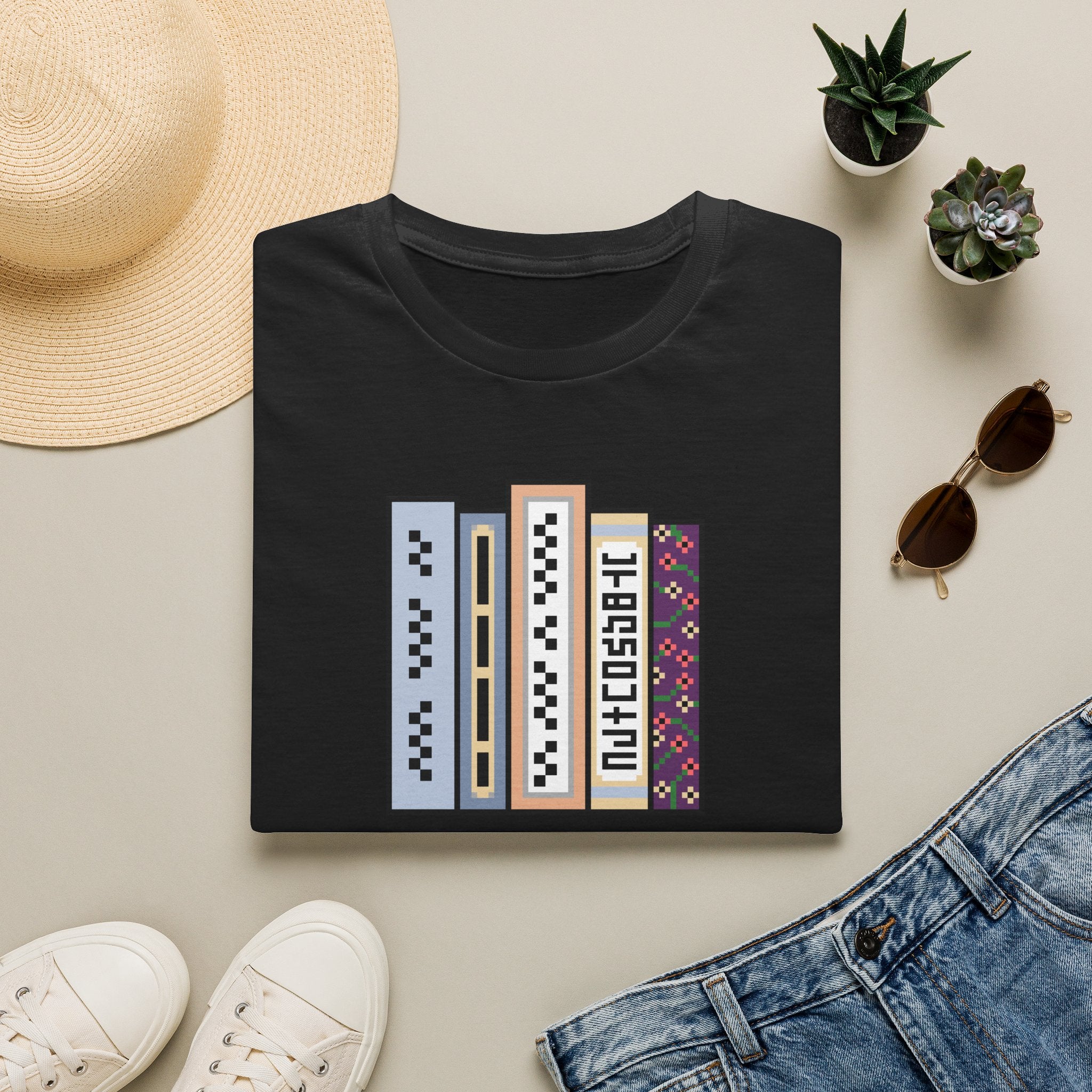 Vintage Bookshelf Tee — Retro Pixel Book Stack Graphic Shirt