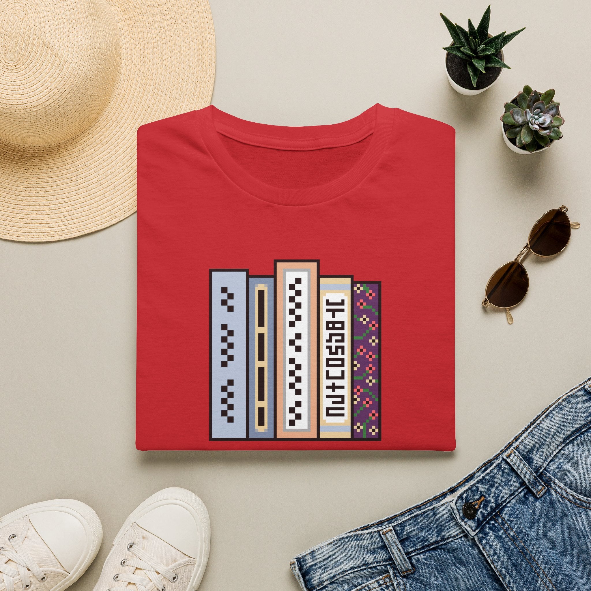 Vintage Bookshelf Tee — Retro Pixel Book Stack Graphic Shirt