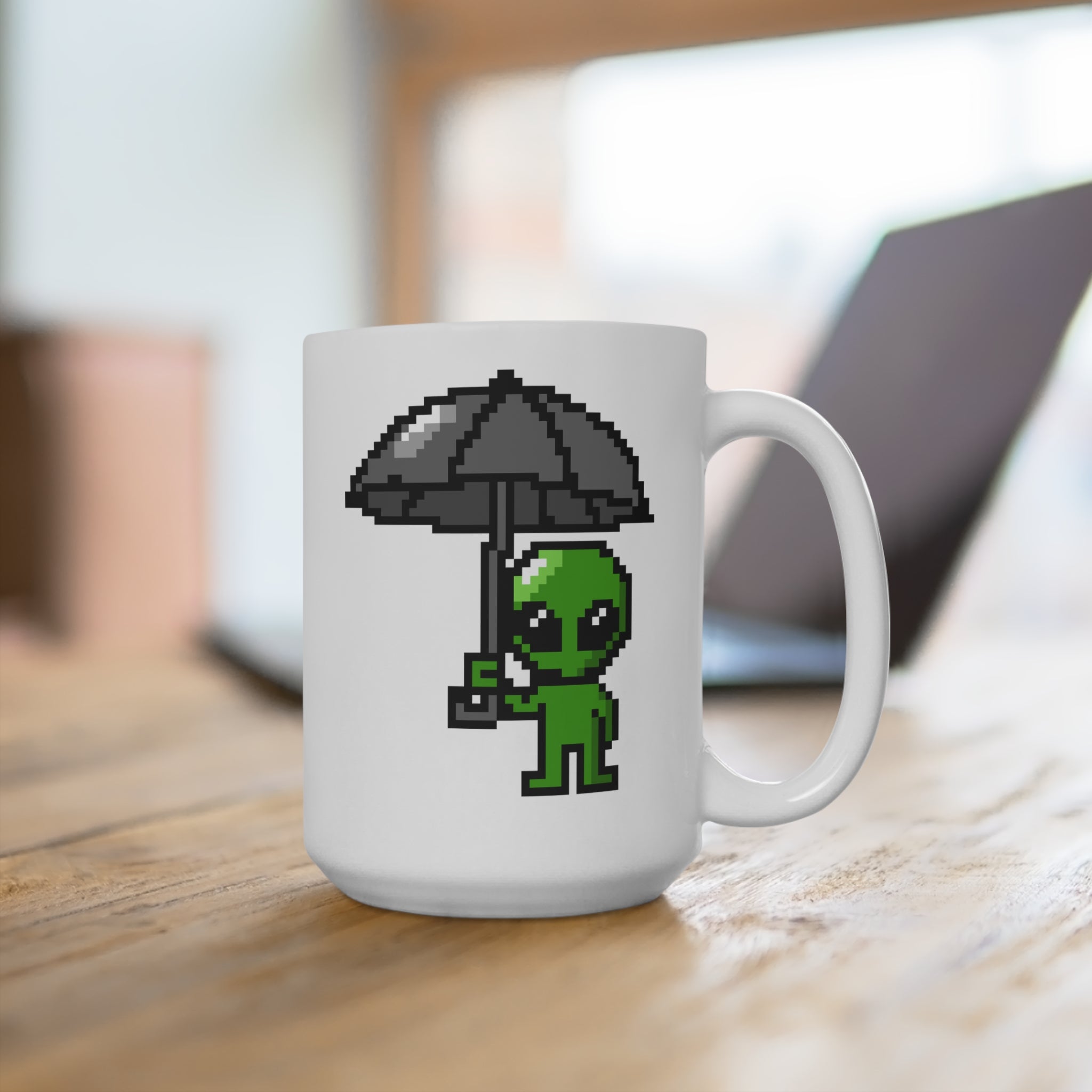 15oz Alien Mug with Pixel Art Alien Holding Umbrella — Cute Retro Gamer Coffee Cup