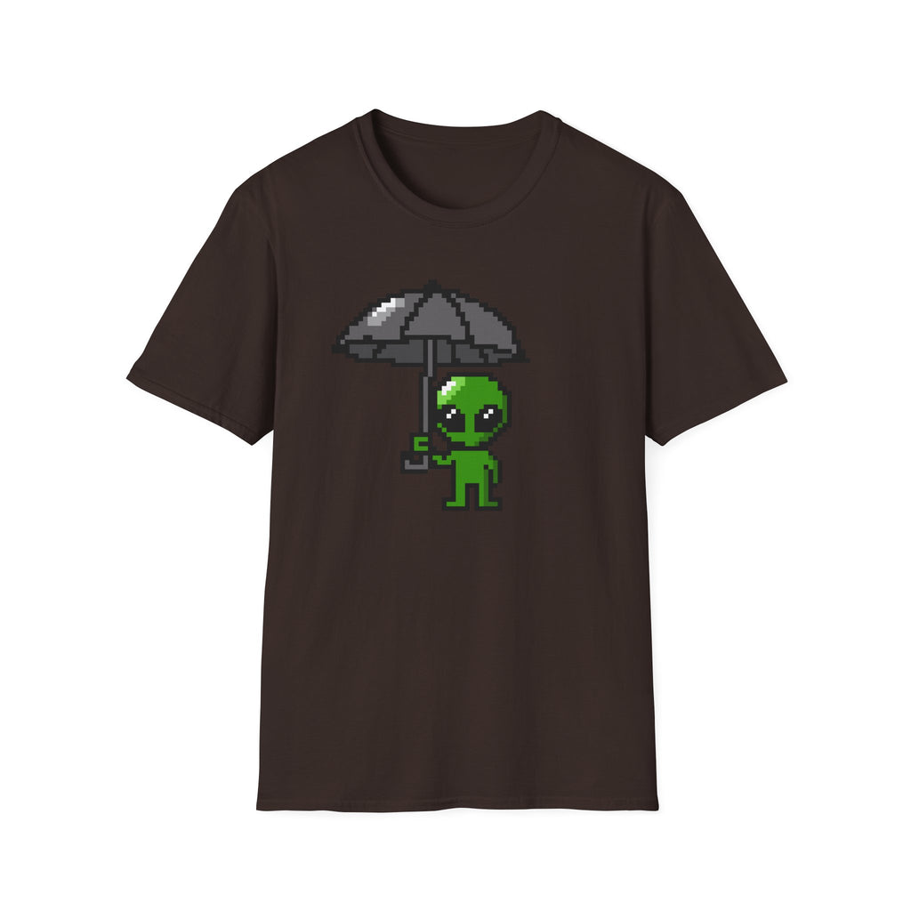 Alien Pixel Art T‑Shirt — Cute Green Alien Holding Umbrella Retro Graphic Tee