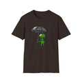 Alien Pixel Art T‑Shirt — Cute Green Alien Holding Umbrella Retro Graphic Tee