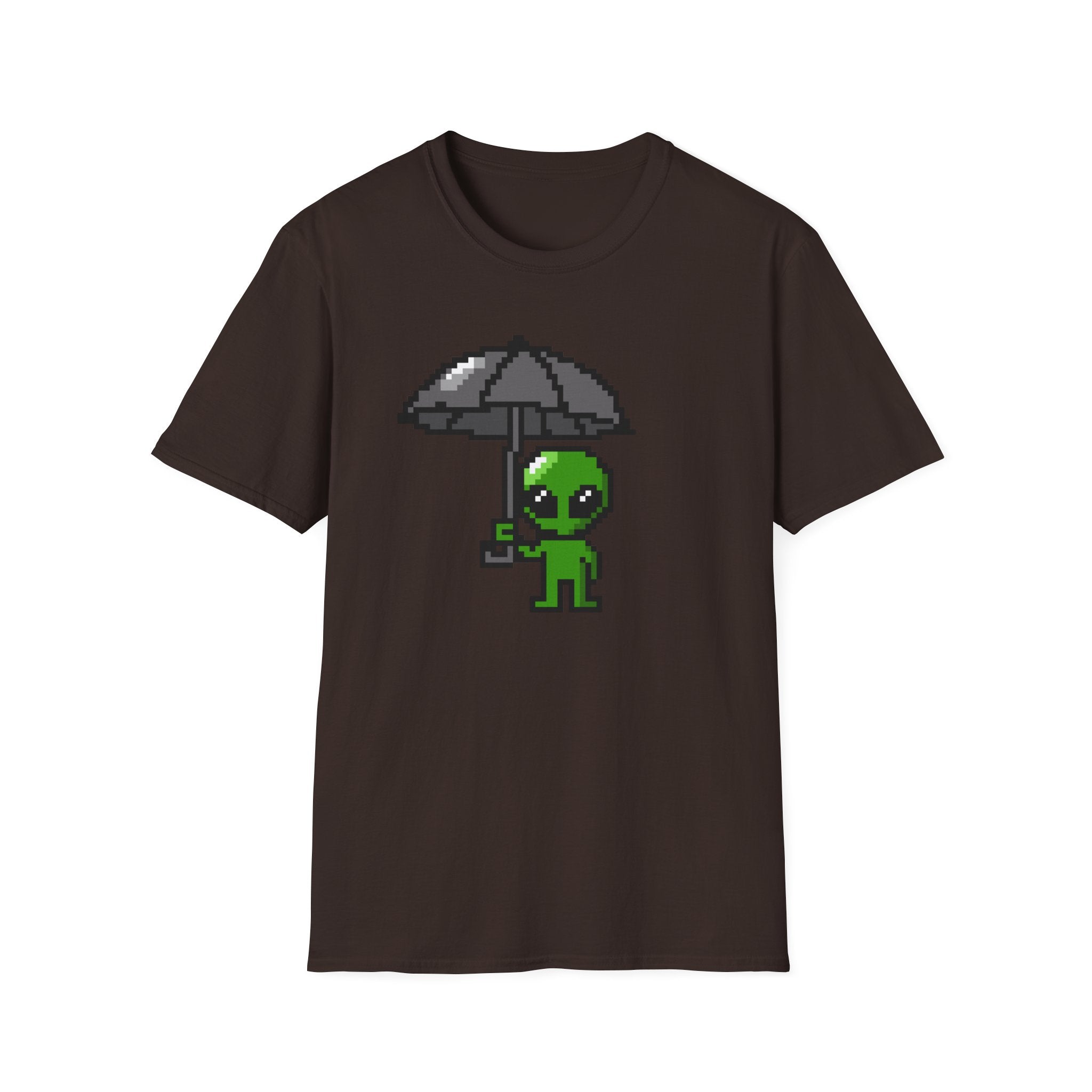 Alien Pixel Art T‑Shirt — Cute Green Alien Holding Umbrella Retro Graphic Tee
