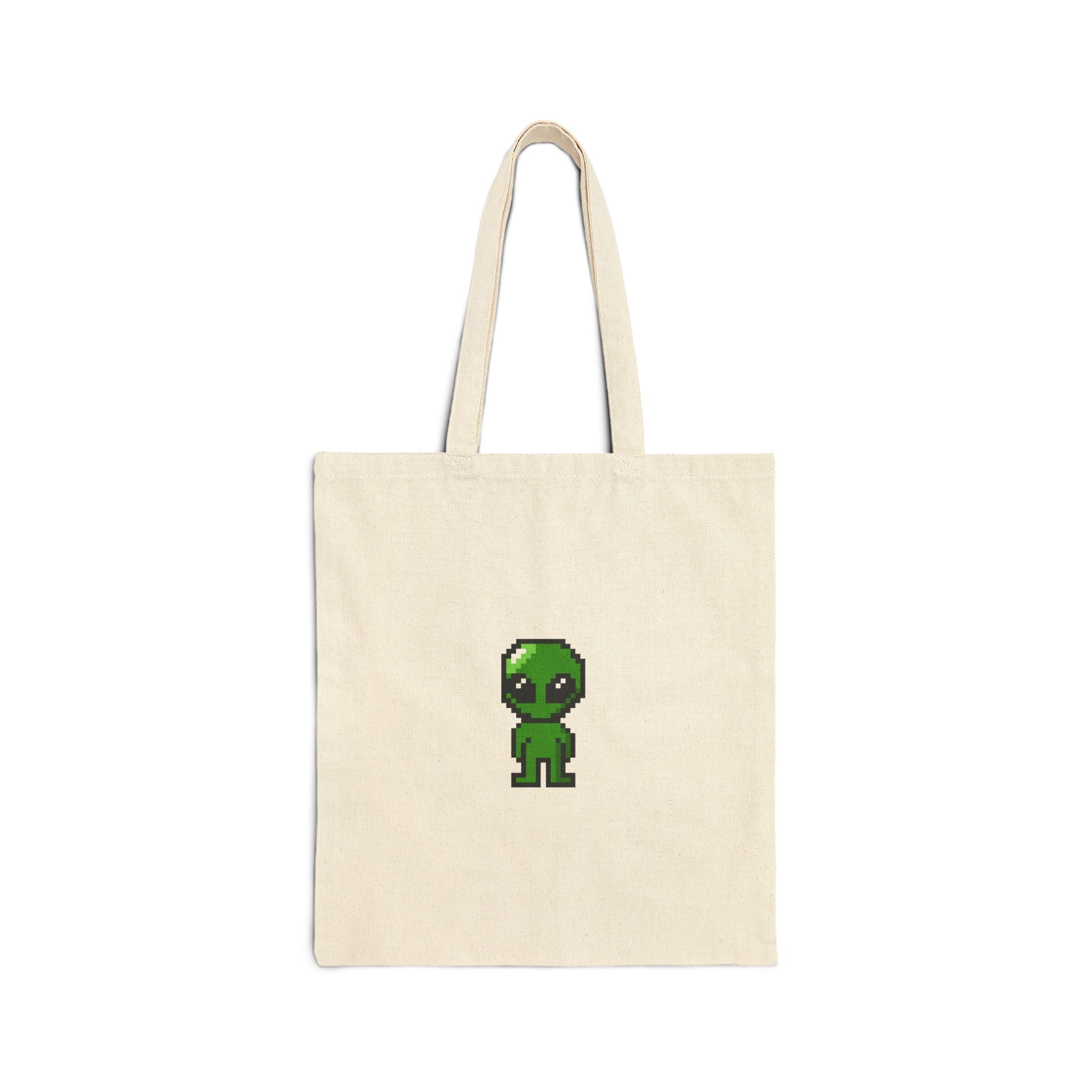 Alien Pixel Tote Bag — Cute Retro 8‑Bit Green Alien Cotton Canvas Tote
