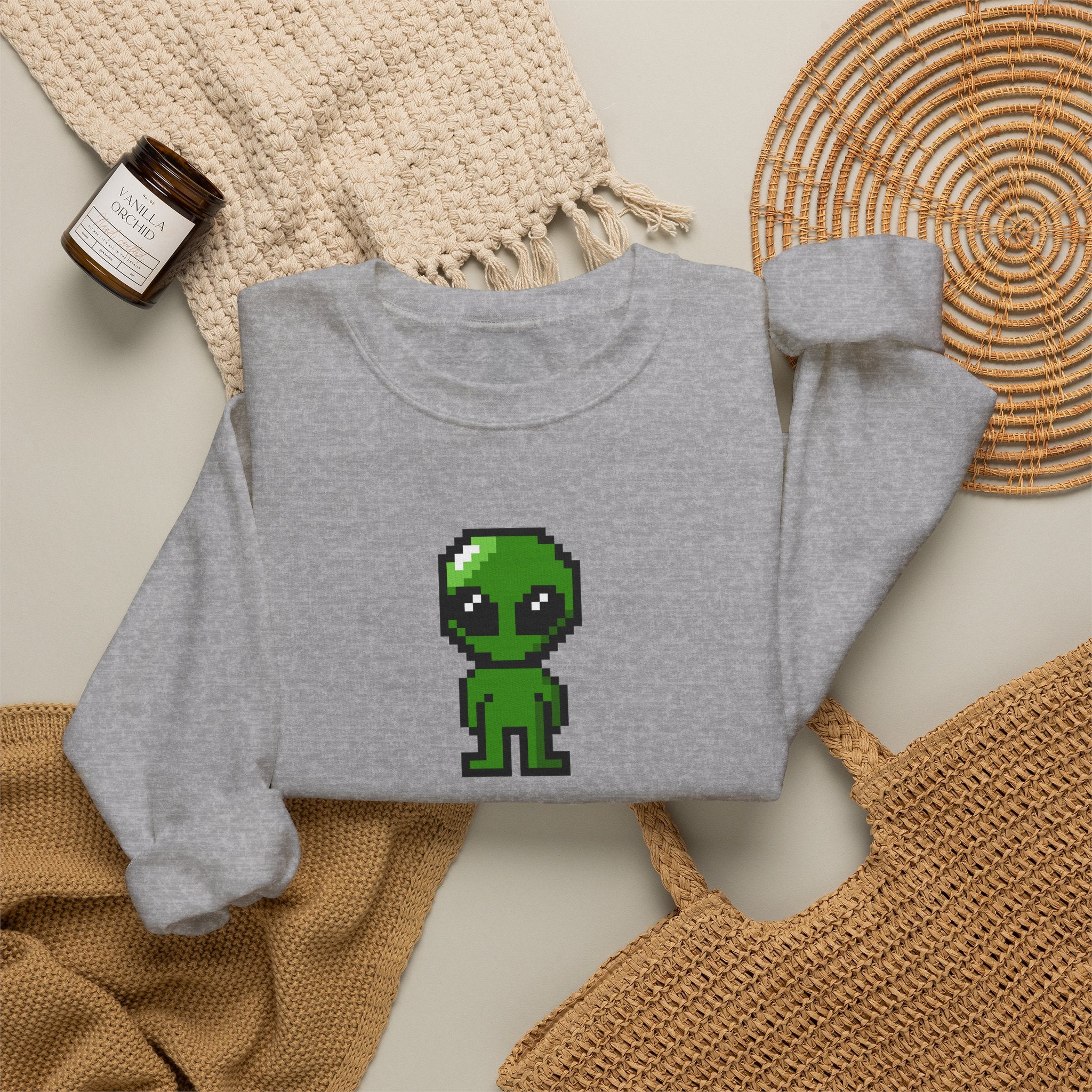 Pixel Alien Crewneck Sweatshirt — Cute Retro 8-Bit Green Alien Graphic
