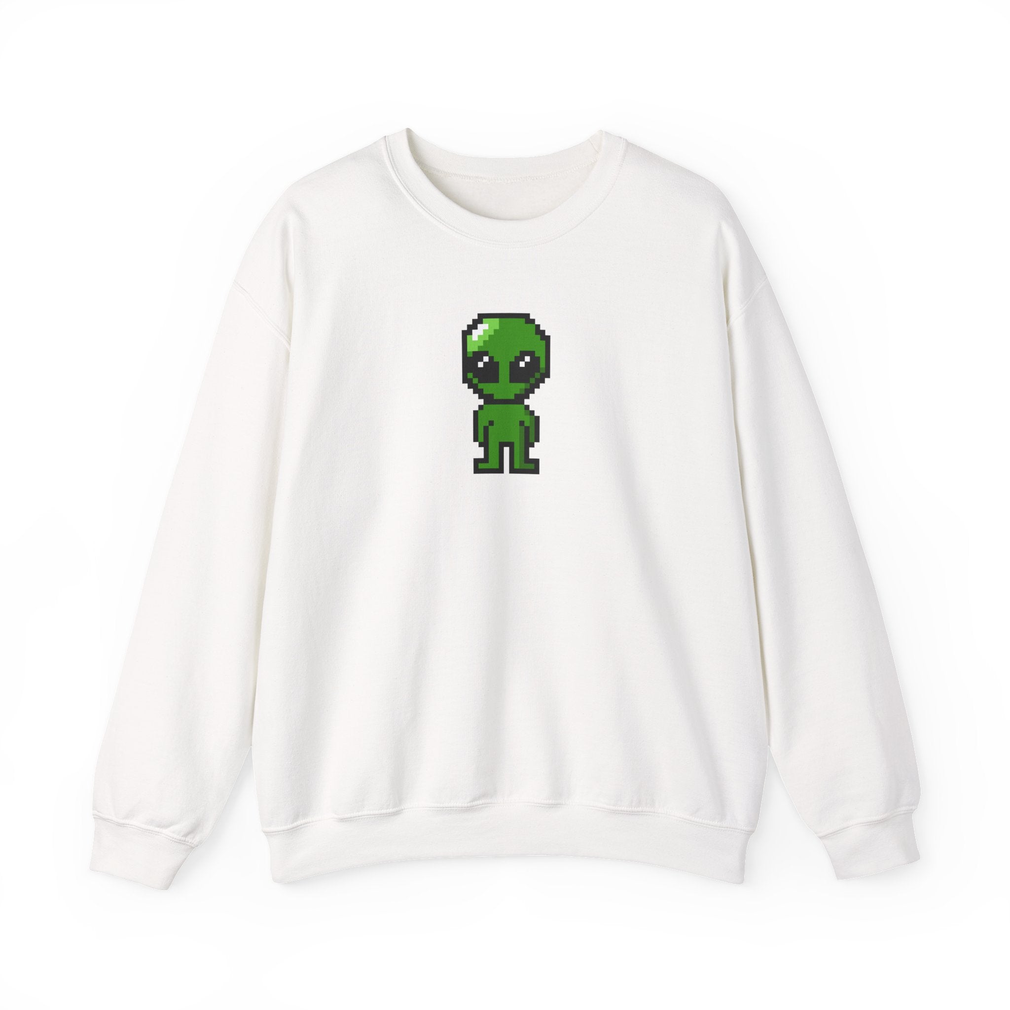 Pixel Alien Crewneck Sweatshirt — Cute Retro 8-Bit Green Alien Graphic