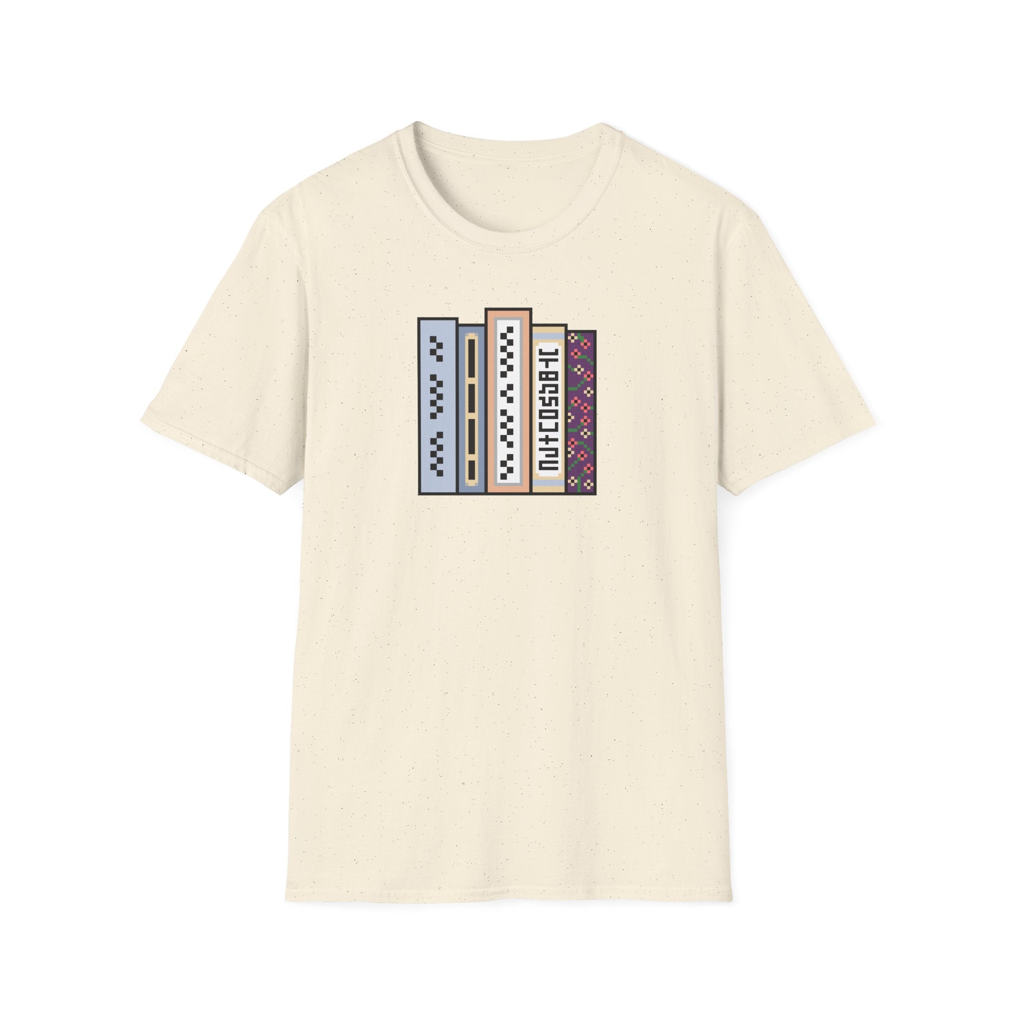 Vintage Bookshelf Tee — Retro Pixel Book Stack Graphic Shirt