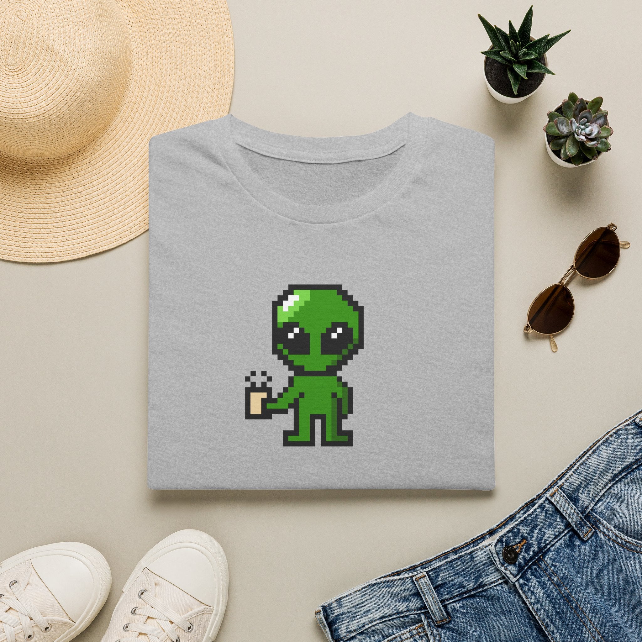 Pixel Alien Holding Coffee T-Shirt