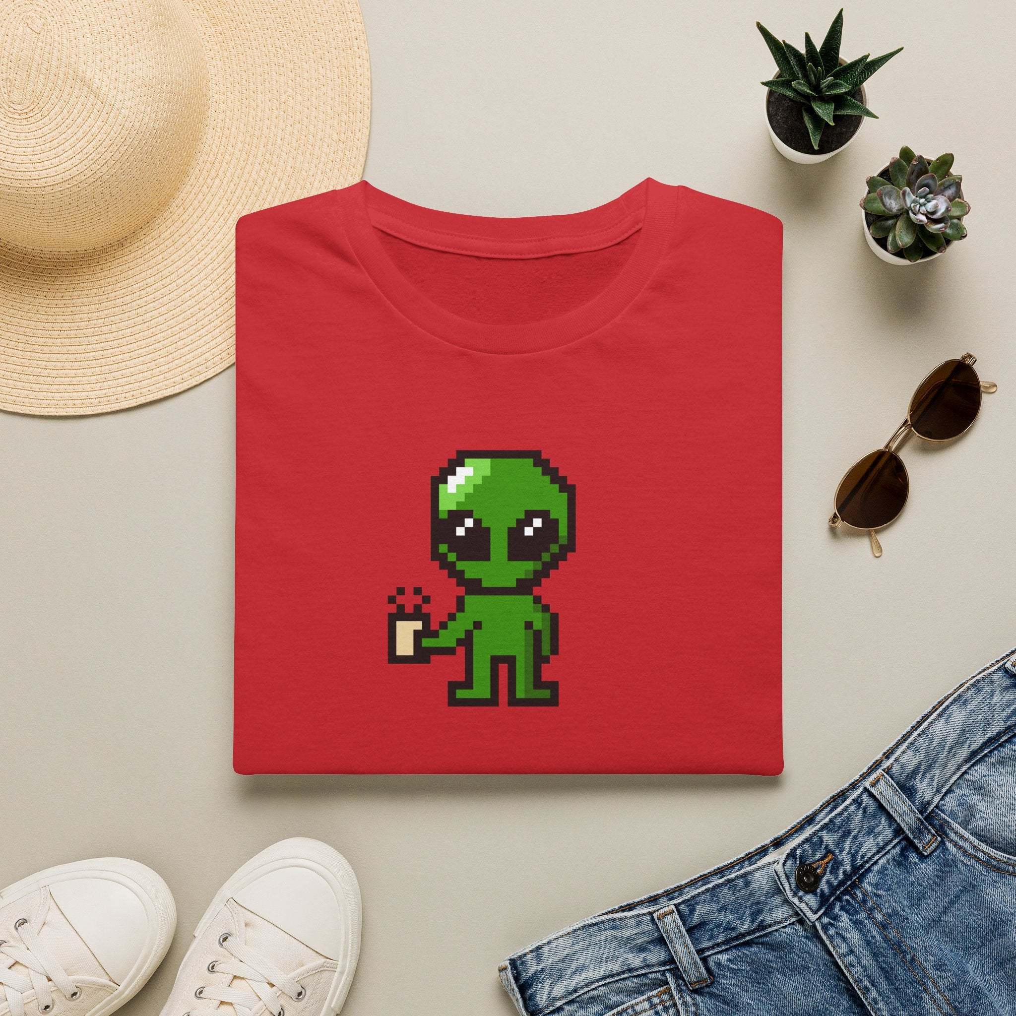 Pixel Alien Holding Coffee T-Shirt