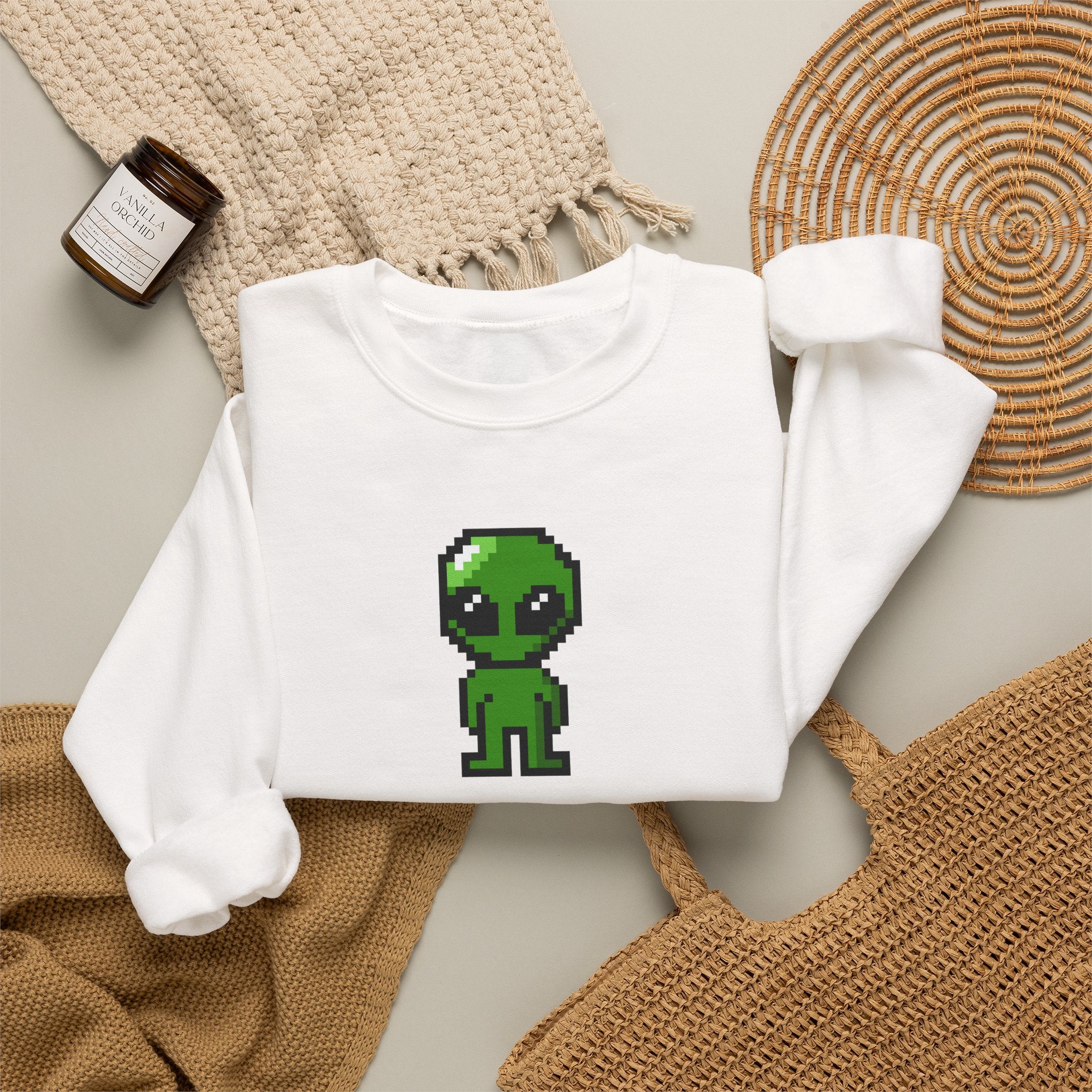 Pixel Alien Crewneck Sweatshirt — Cute Retro 8-Bit Green Alien Graphic