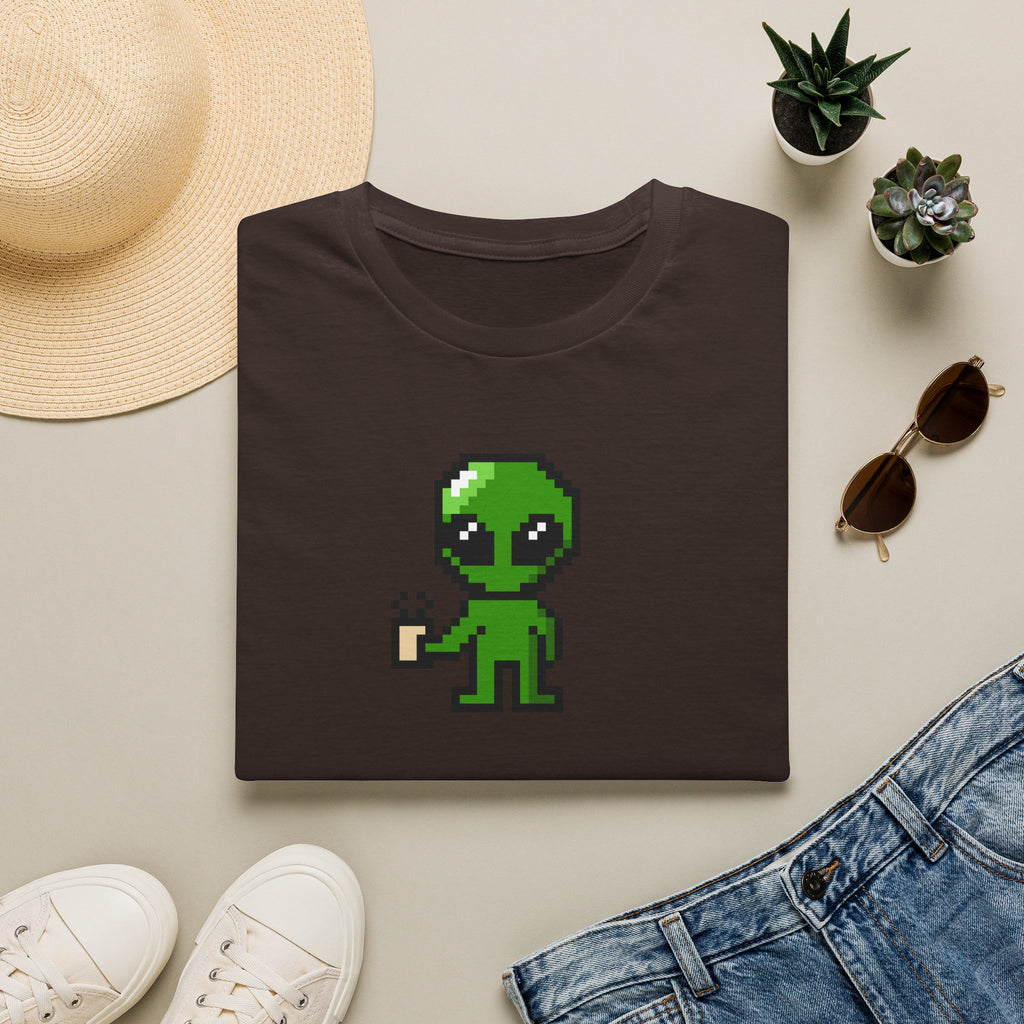 Pixel Alien Holding Coffee T-Shirt