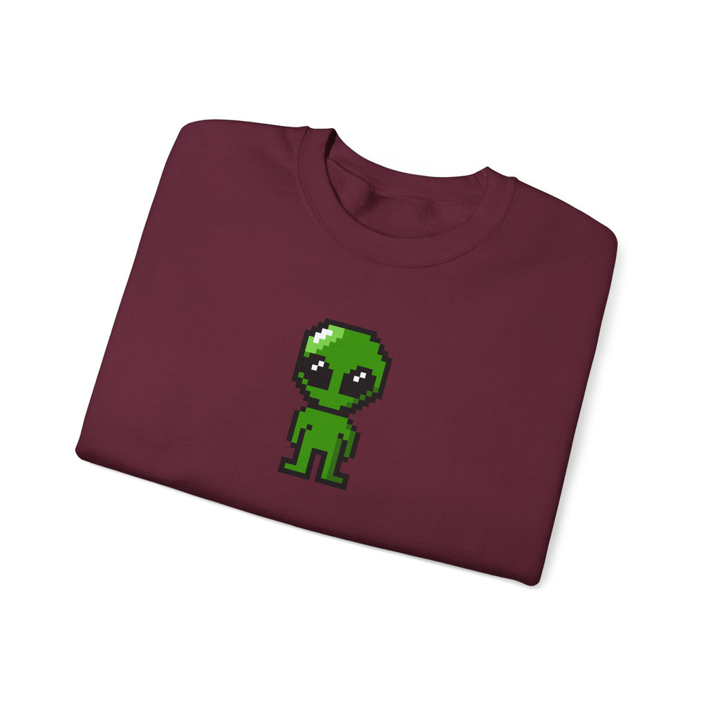 Pixel Alien Crewneck Sweatshirt — Cute Retro 8-Bit Green Alien Graphic