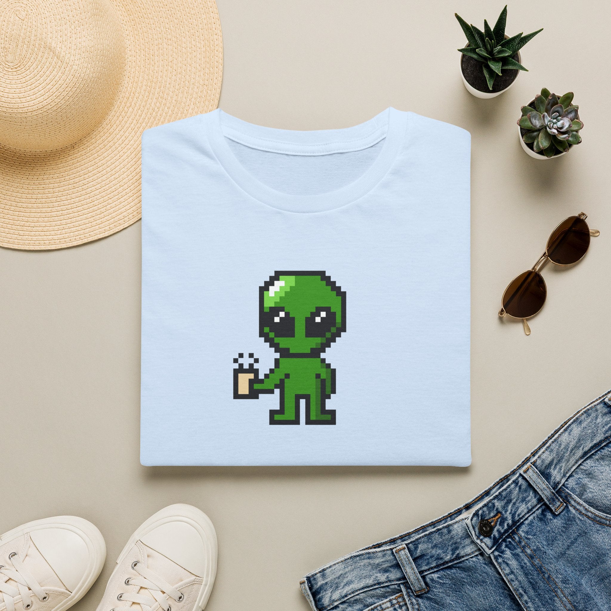 Pixel Alien Holding Coffee T-Shirt