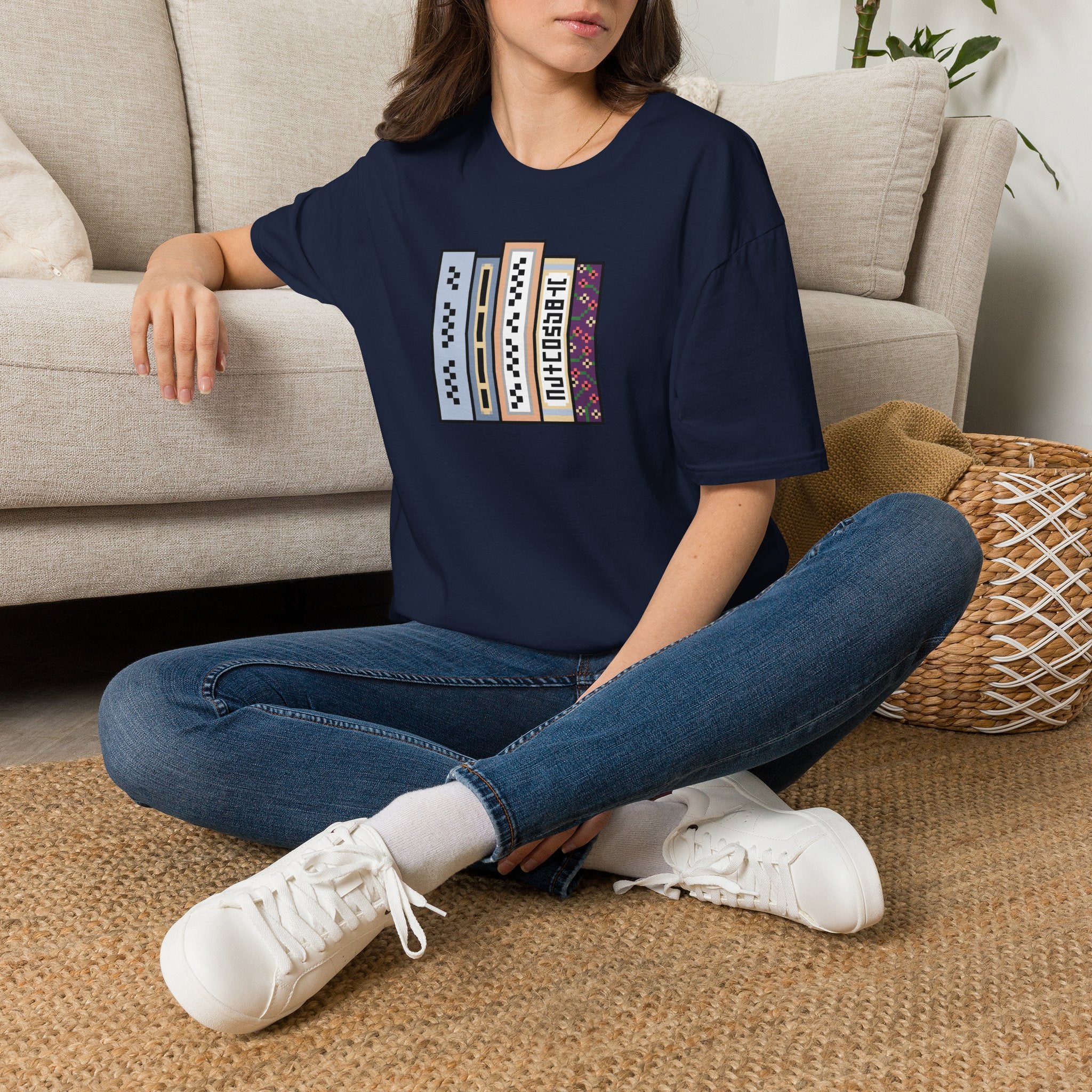 Vintage Bookshelf Tee — Retro Pixel Book Stack Graphic Shirt