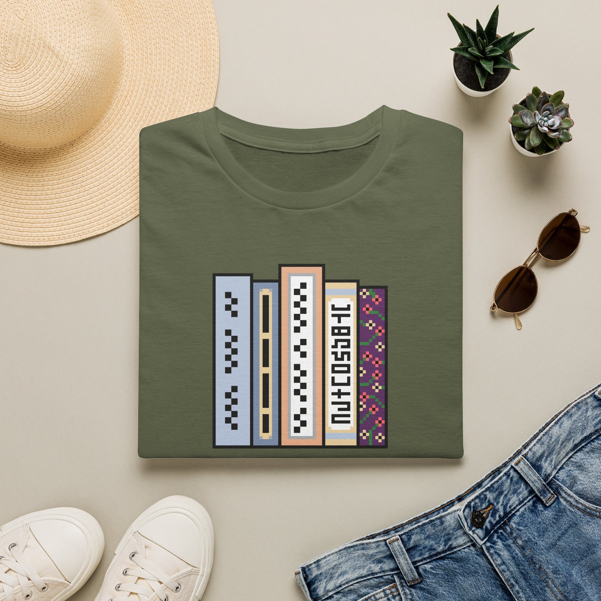 Vintage Bookshelf Tee — Retro Pixel Book Stack Graphic Shirt