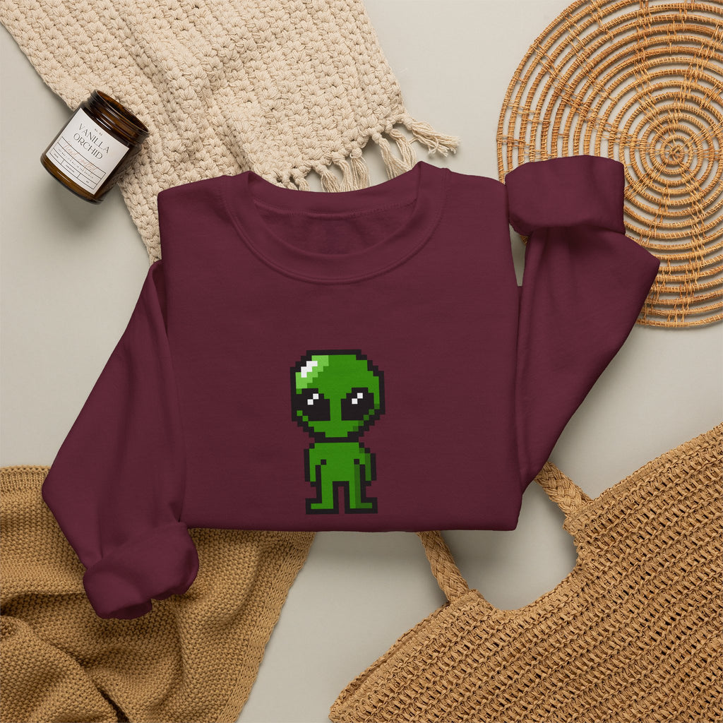 Pixel Alien Crewneck Sweatshirt — Cute Retro 8-Bit Green Alien Graphic