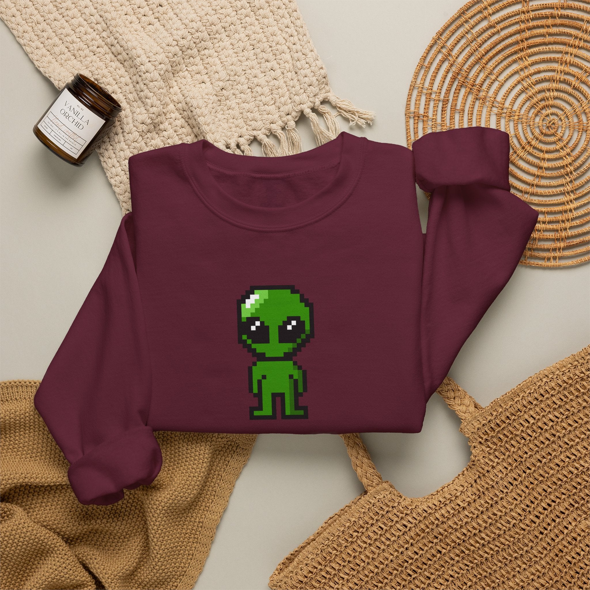 Pixel Alien Crewneck Sweatshirt — Cute Retro 8-Bit Green Alien Graphic
