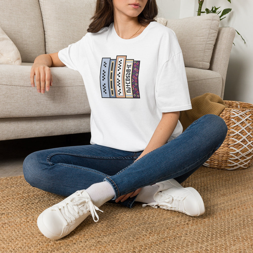 Vintage Bookshelf Tee — Retro Pixel Book Stack Graphic Shirt