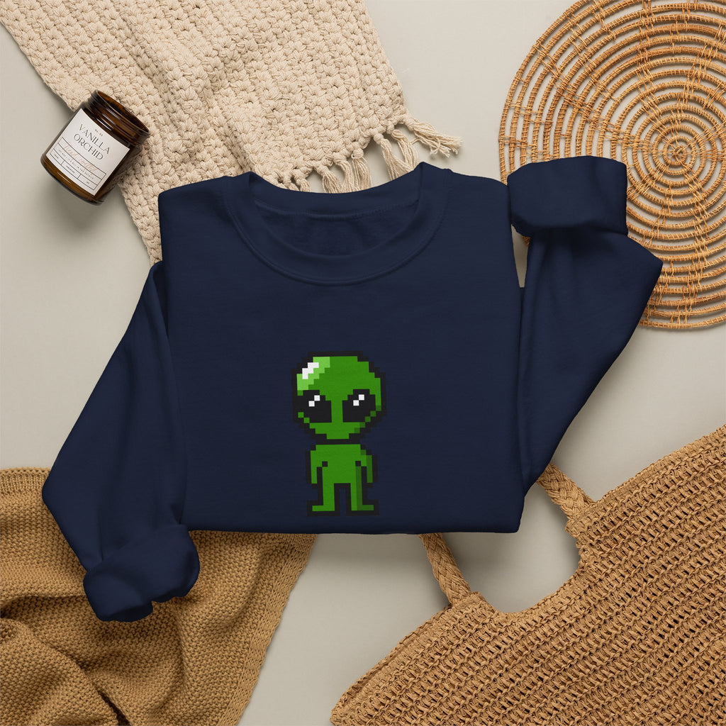 Pixel Alien Crewneck Sweatshirt — Cute Retro 8-Bit Green Alien Graphic