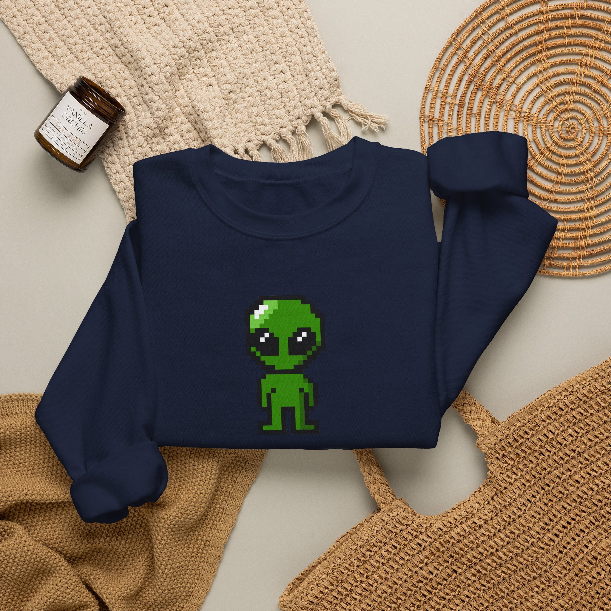 Pixel Alien Crewneck Sweatshirt — Cute Retro 8-Bit Green Alien Graphic