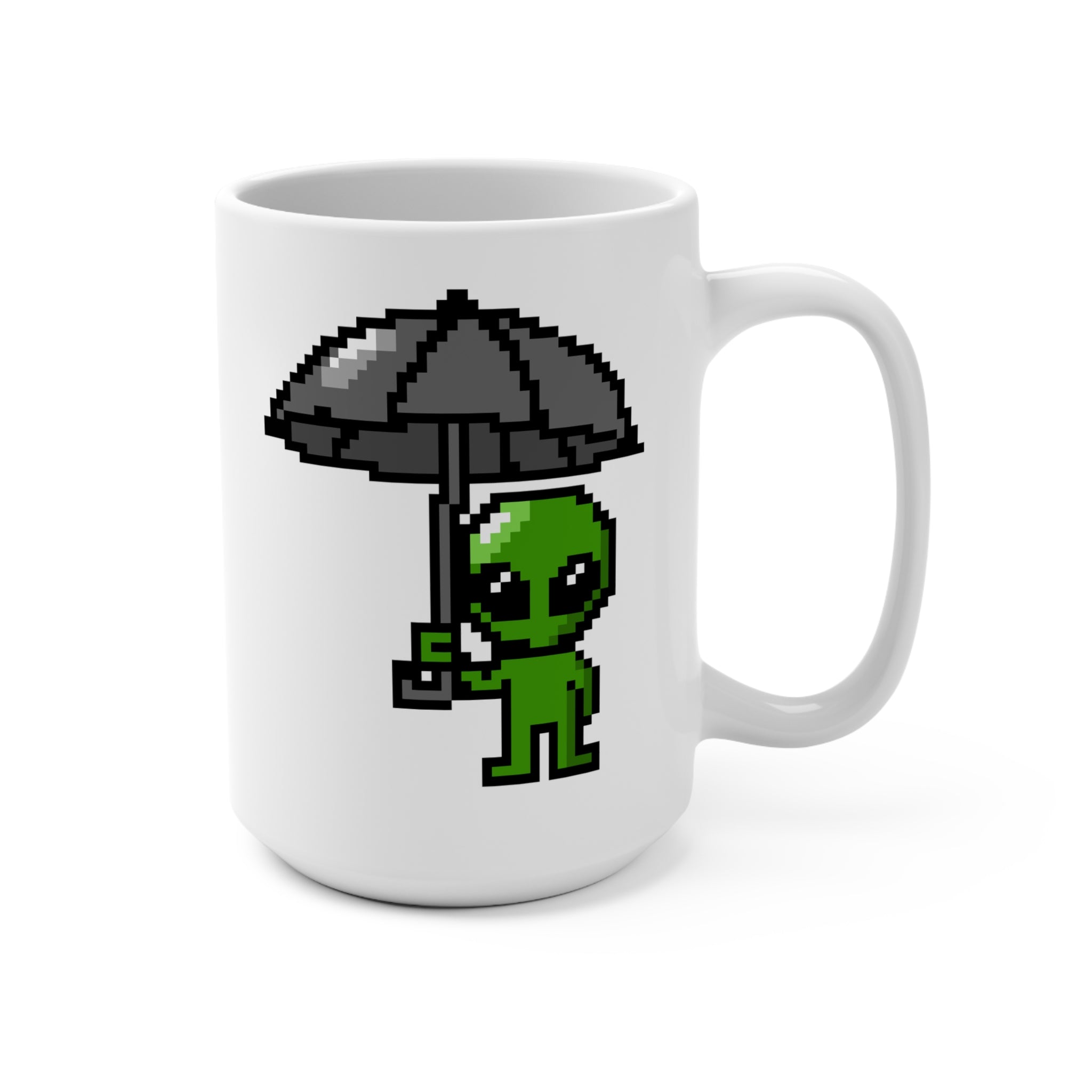 15oz Alien Mug with Pixel Art Alien Holding Umbrella — Cute Retro Gamer Coffee Cup