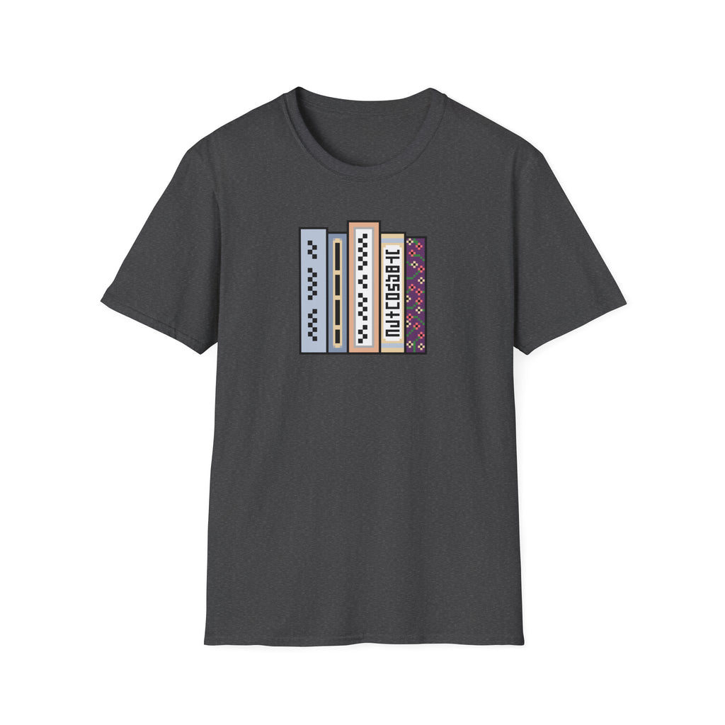 Vintage Bookshelf Tee — Retro Pixel Book Stack Graphic Shirt