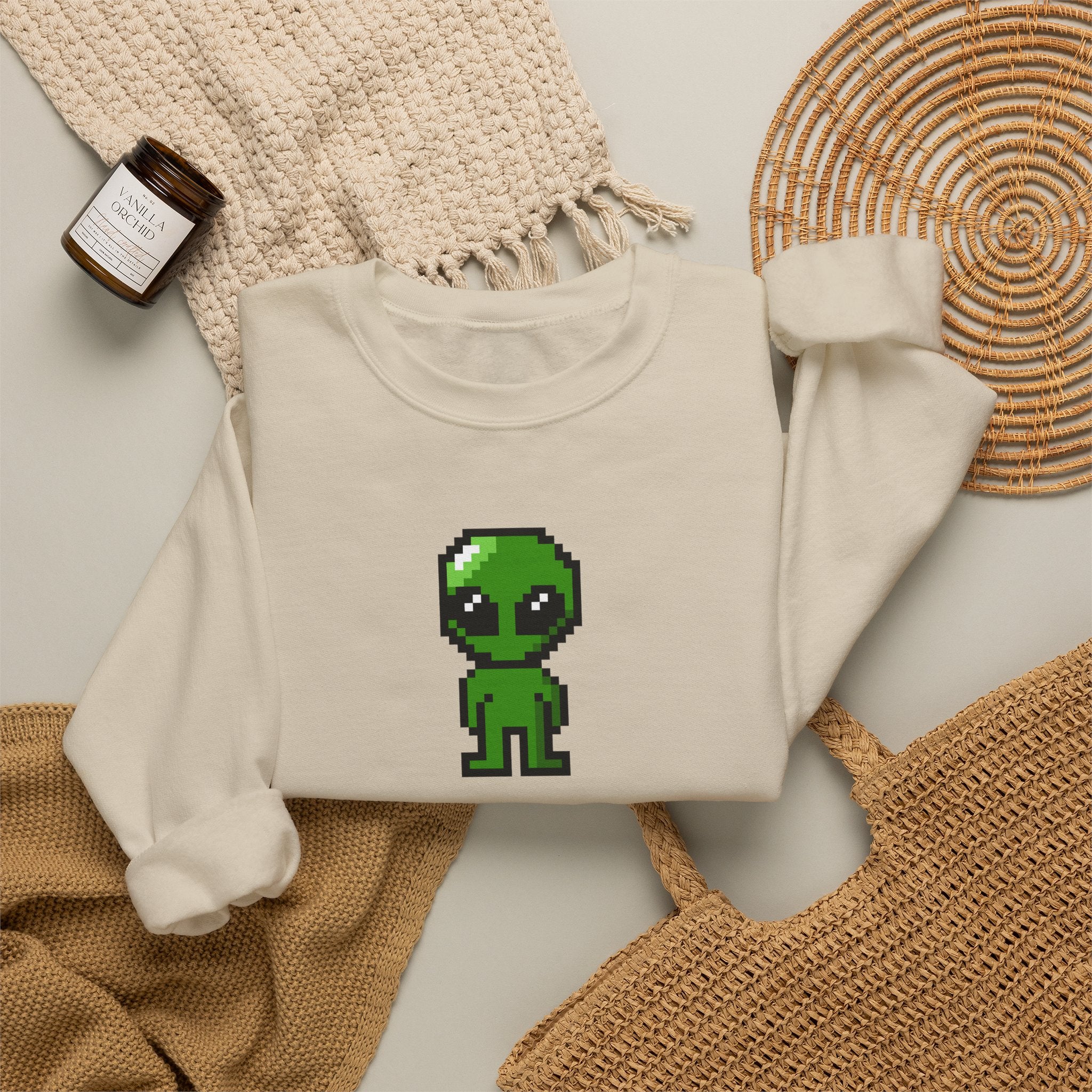 Pixel Alien Crewneck Sweatshirt — Cute Retro 8-Bit Green Alien Graphic