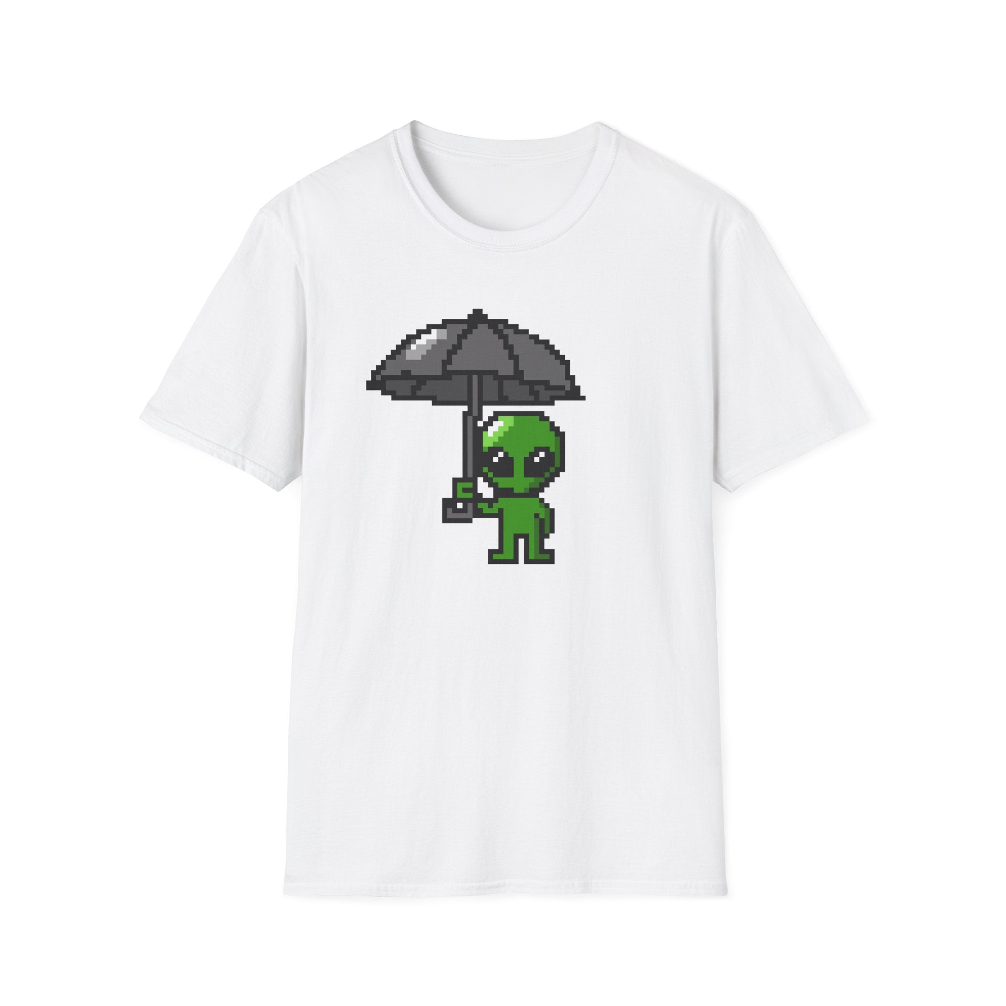 Alien Pixel Art T‑Shirt — Cute Green Alien Holding Umbrella Retro Graphic Tee