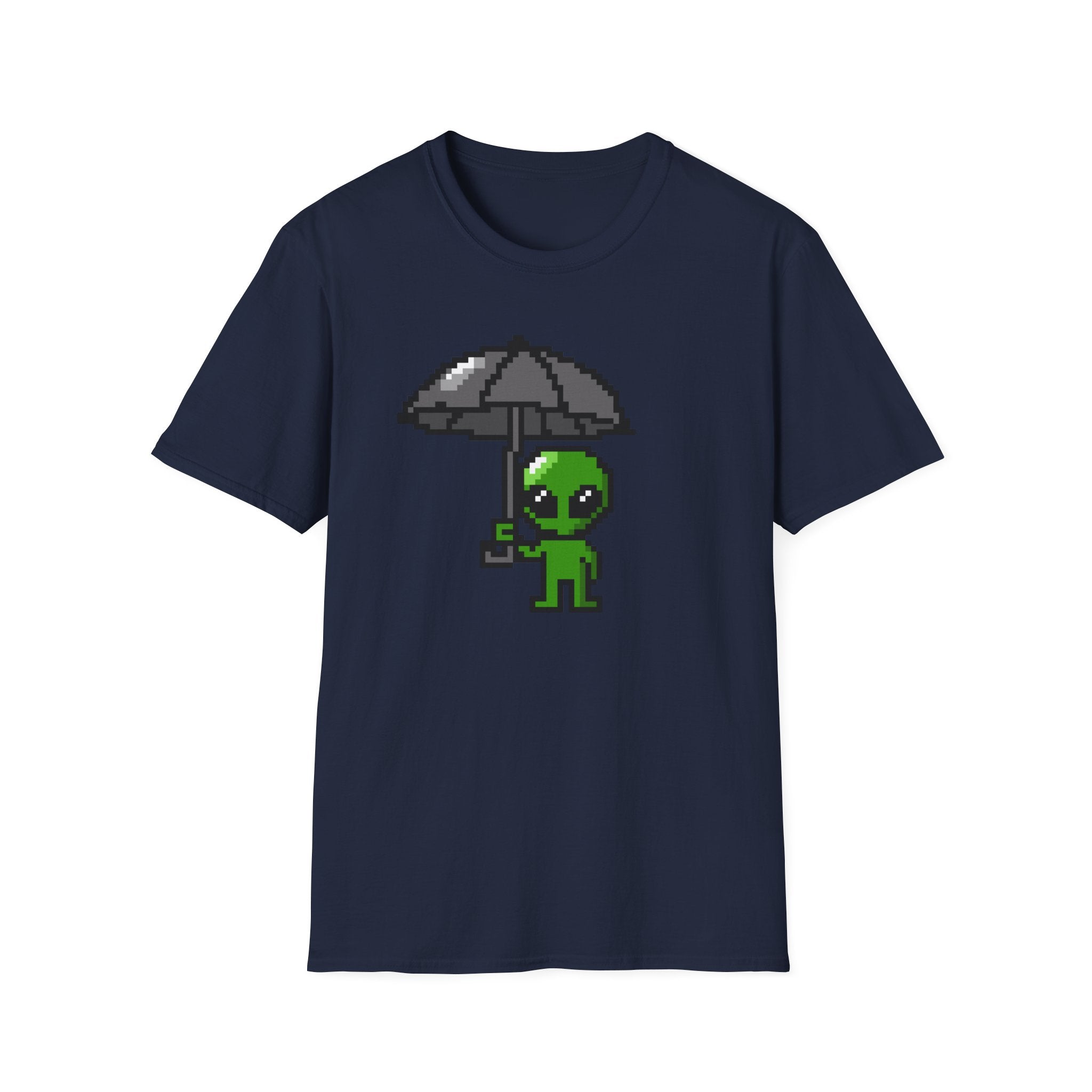 Alien Pixel Art T‑Shirt — Cute Green Alien Holding Umbrella Retro Graphic Tee