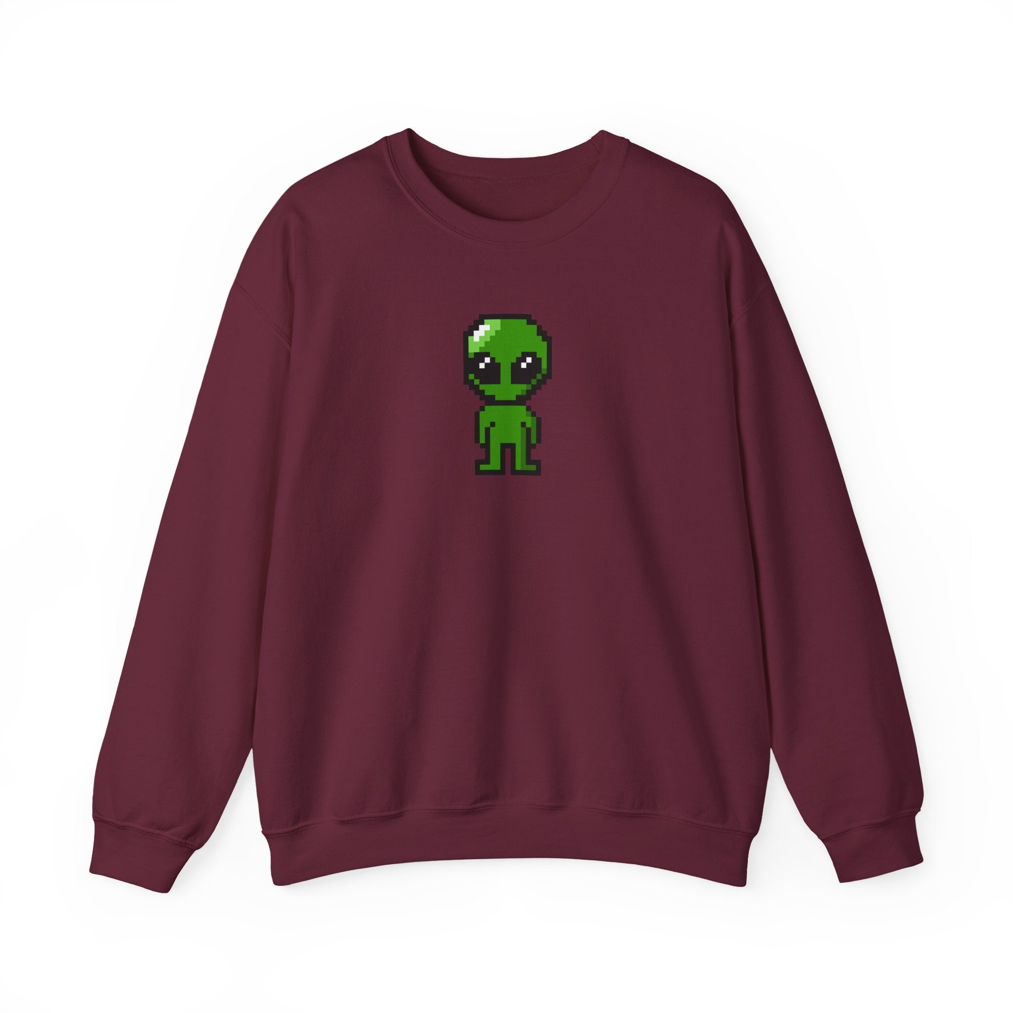 Pixel Alien Crewneck Sweatshirt — Cute Retro 8-Bit Green Alien Graphic