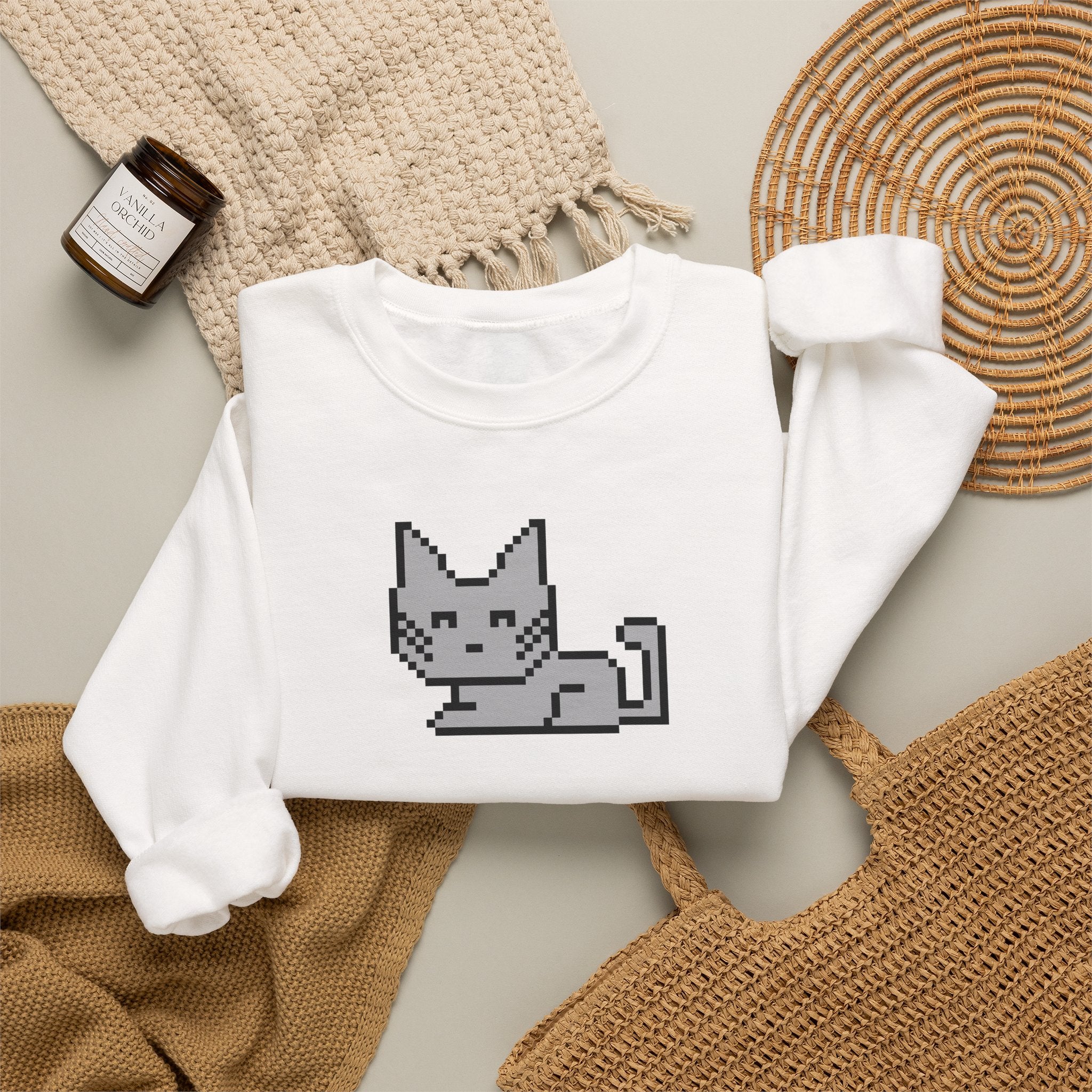 Pixel Cat Crewneck Sweatshirt — Retro 8‑Bit Cat Graphic