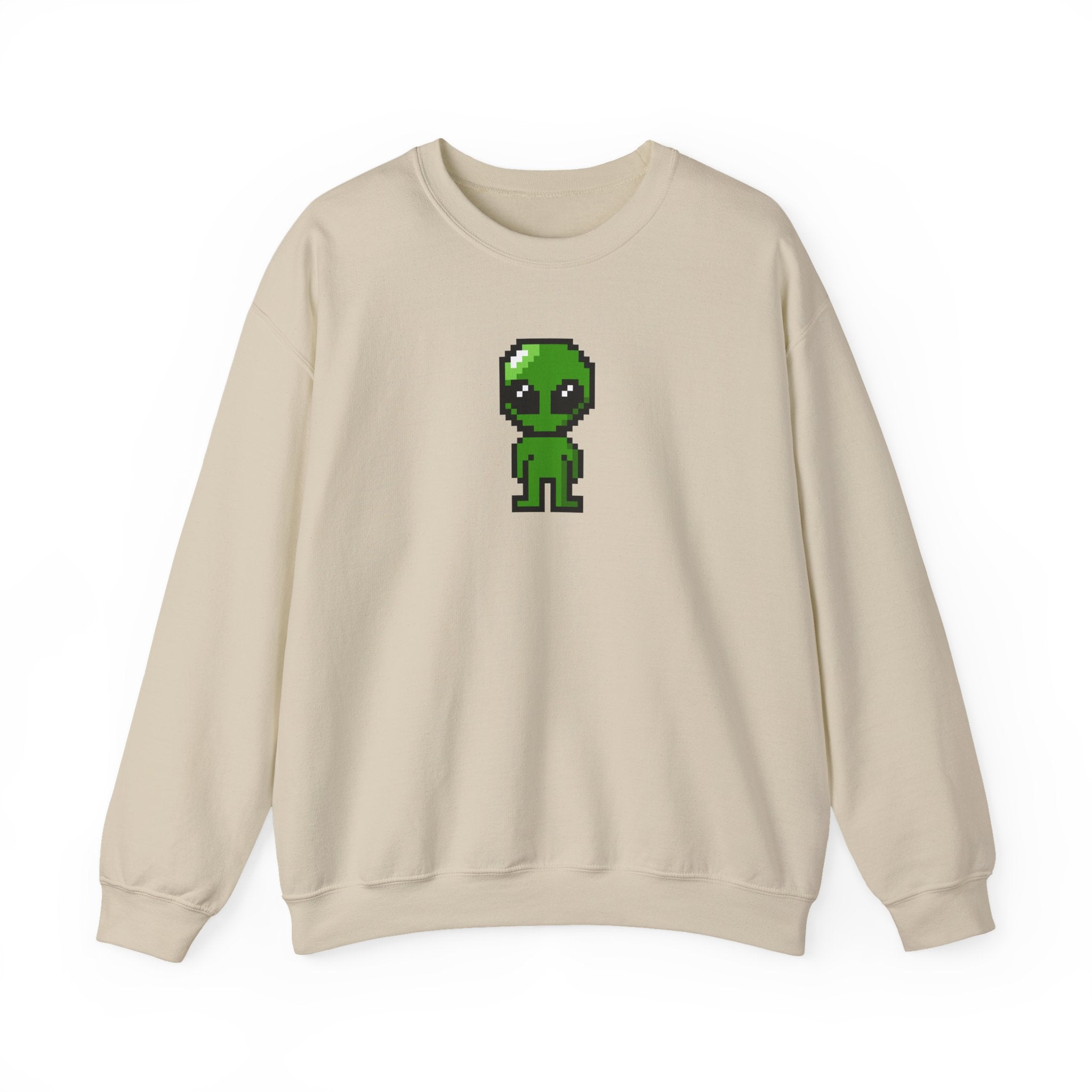 Pixel Alien Crewneck Sweatshirt — Cute Retro 8-Bit Green Alien Graphic