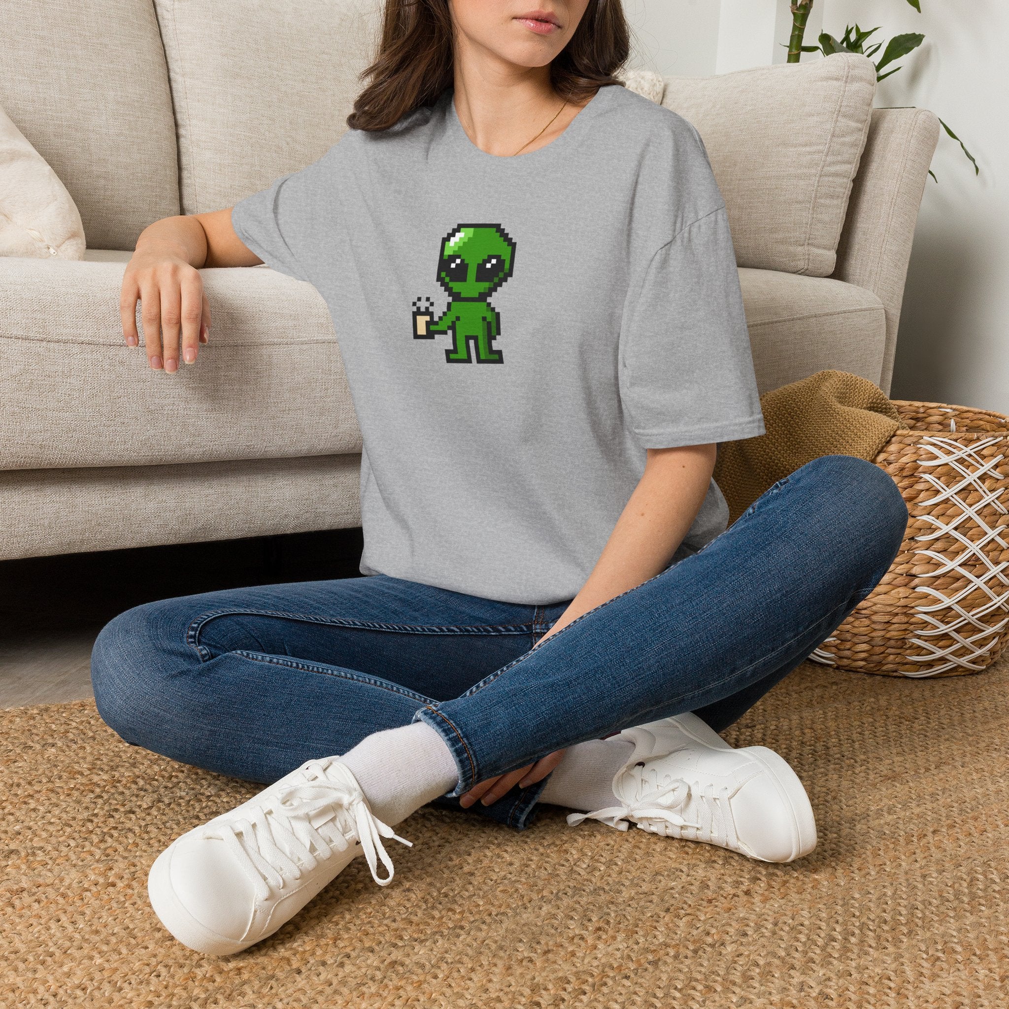 Pixel Alien Holding Coffee T-Shirt
