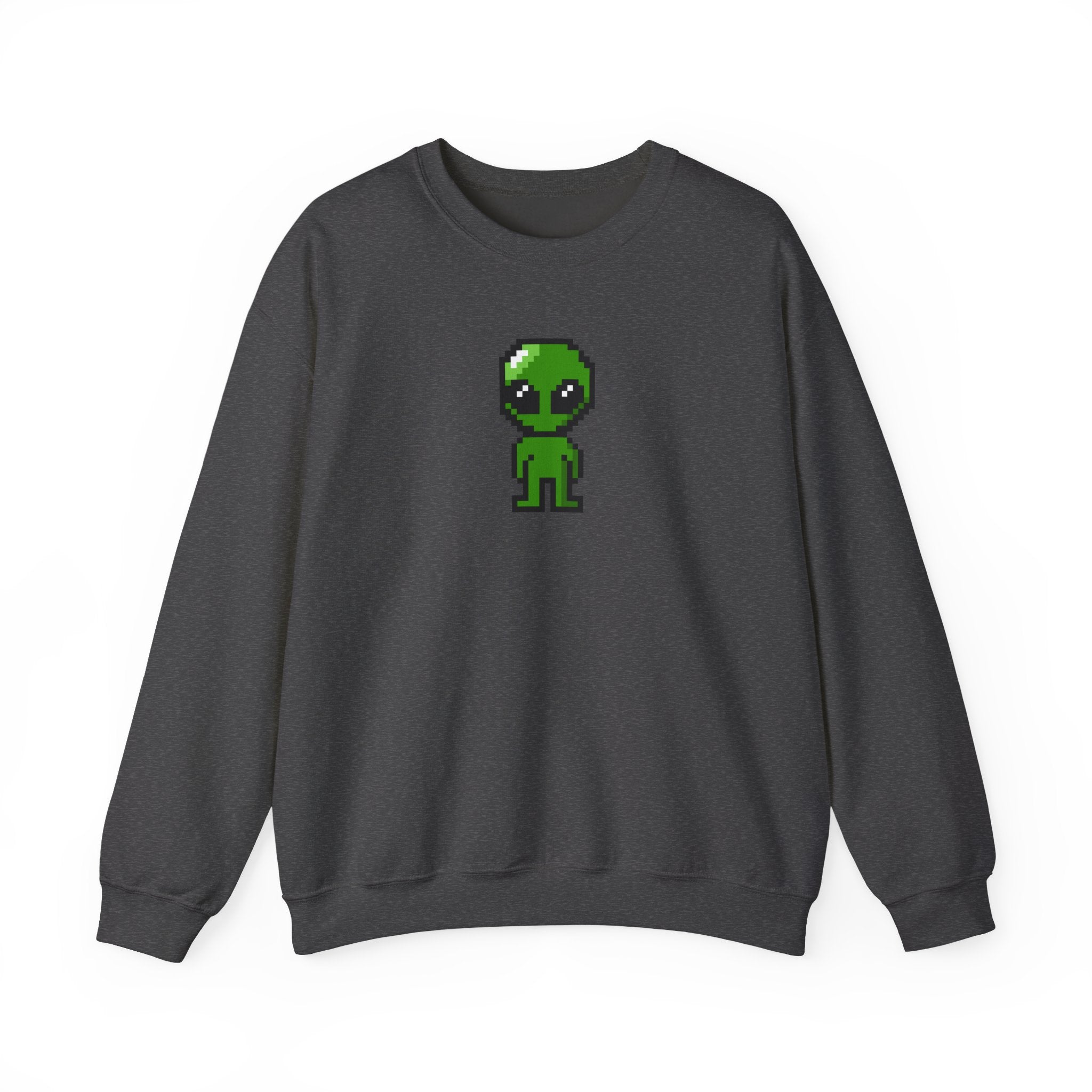 Pixel Alien Crewneck Sweatshirt — Cute Retro 8-Bit Green Alien Graphic