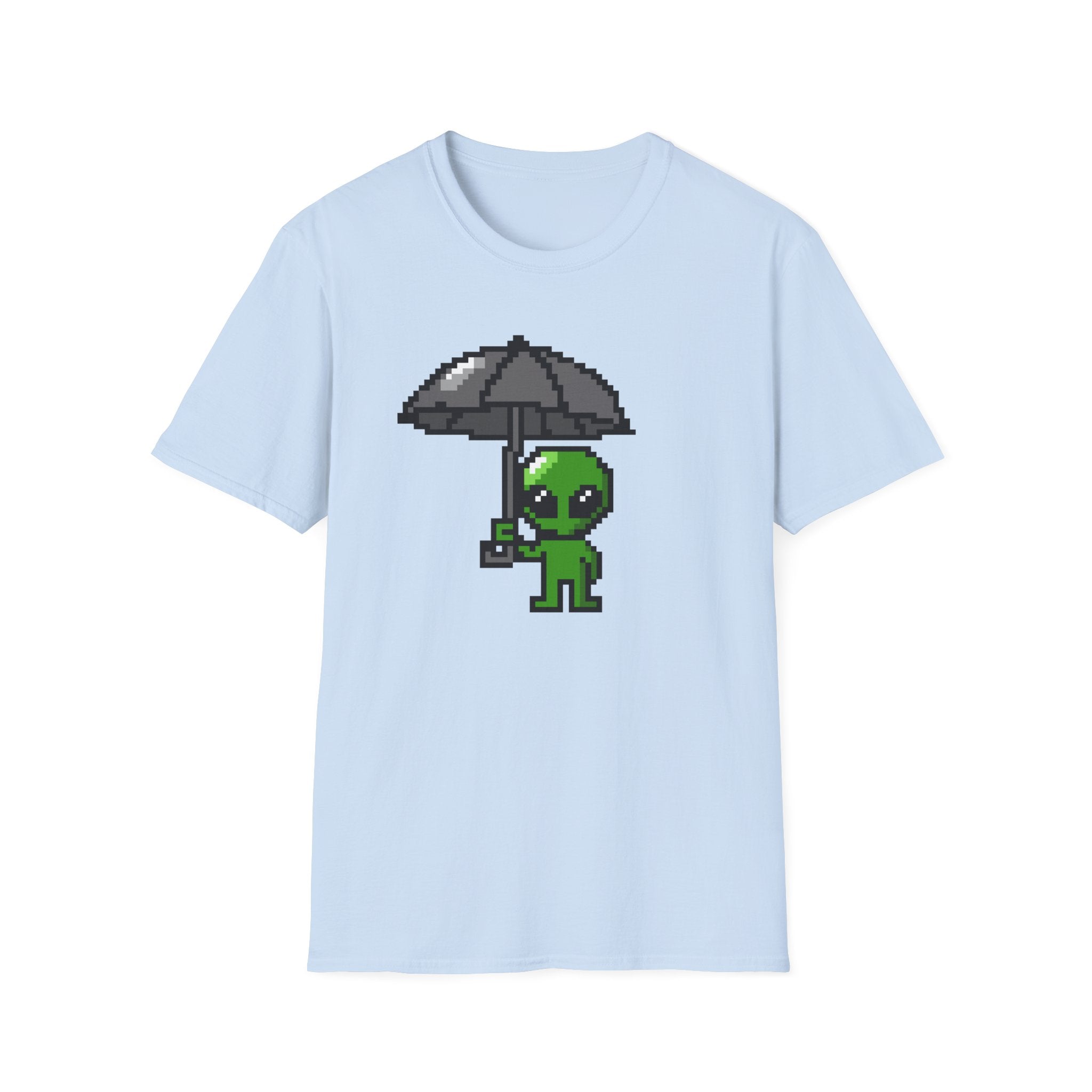 Alien Pixel Art T‑Shirt — Cute Green Alien Holding Umbrella Retro Graphic Tee