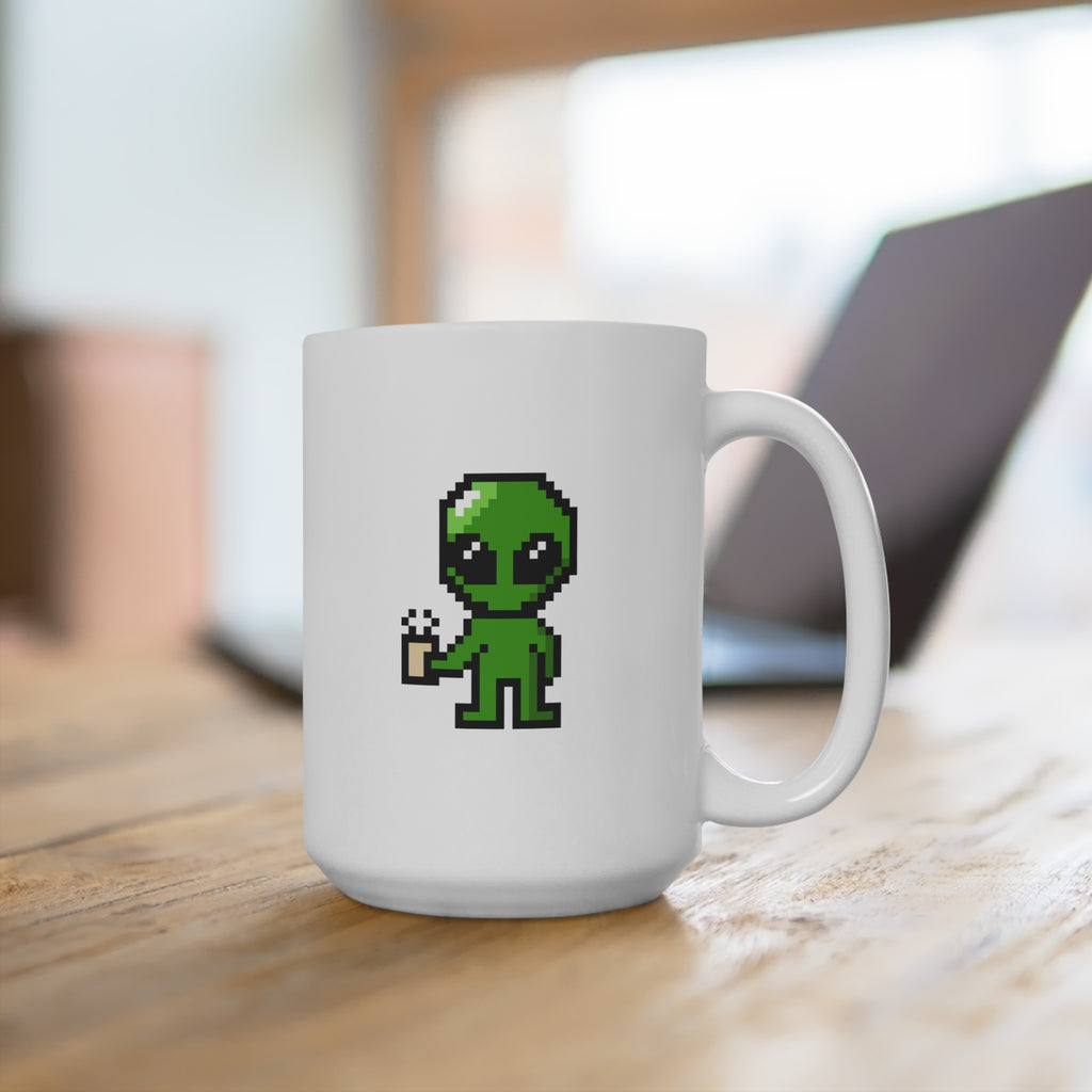 15oz Pixel Alien Coffee Mug – Retro Cute Alien Holding Drink